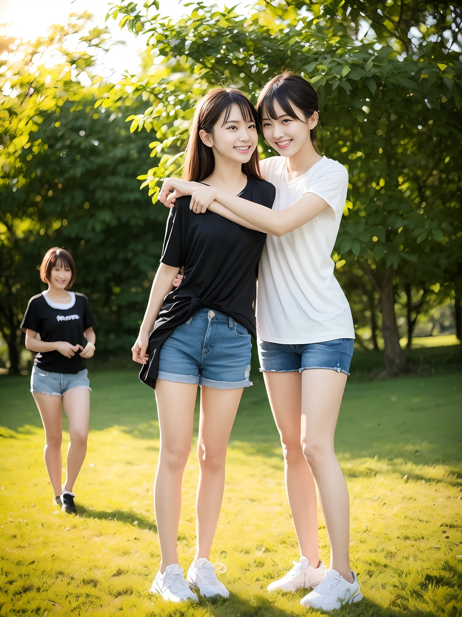 (超高分辨率,RAW photogr,realisticlying,tmasterpiece,best qualtiy:1.4),Complicated details,2 20 year old Korean girl,Wear a loose black T-shirt and skinny jeans,Stand on the grass and take pictures,hugs,Intimate relationships,Detailed meadow,A sweet smile on a small face,Ultra-realistic facial details,The face and skin are pink and white, and luminous,Playful and coquettish pose,The calves are straight and slender:1.2,Wear high-end brand sneakers:1.0,eventide:0.3,Broad lighting,naturalshadow:1.0,超高分辨率,taking a full body photo:1.8 --auto
