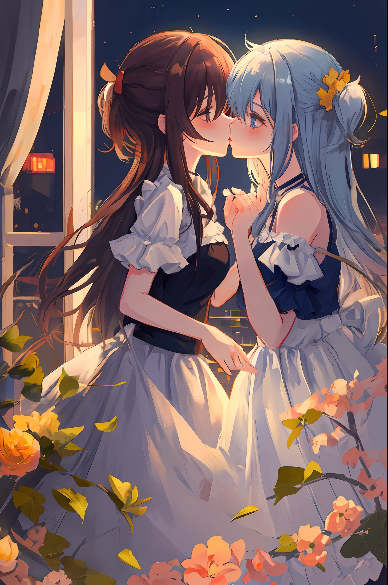 Twins, cute, kiss, lesbians, night, room, high quality