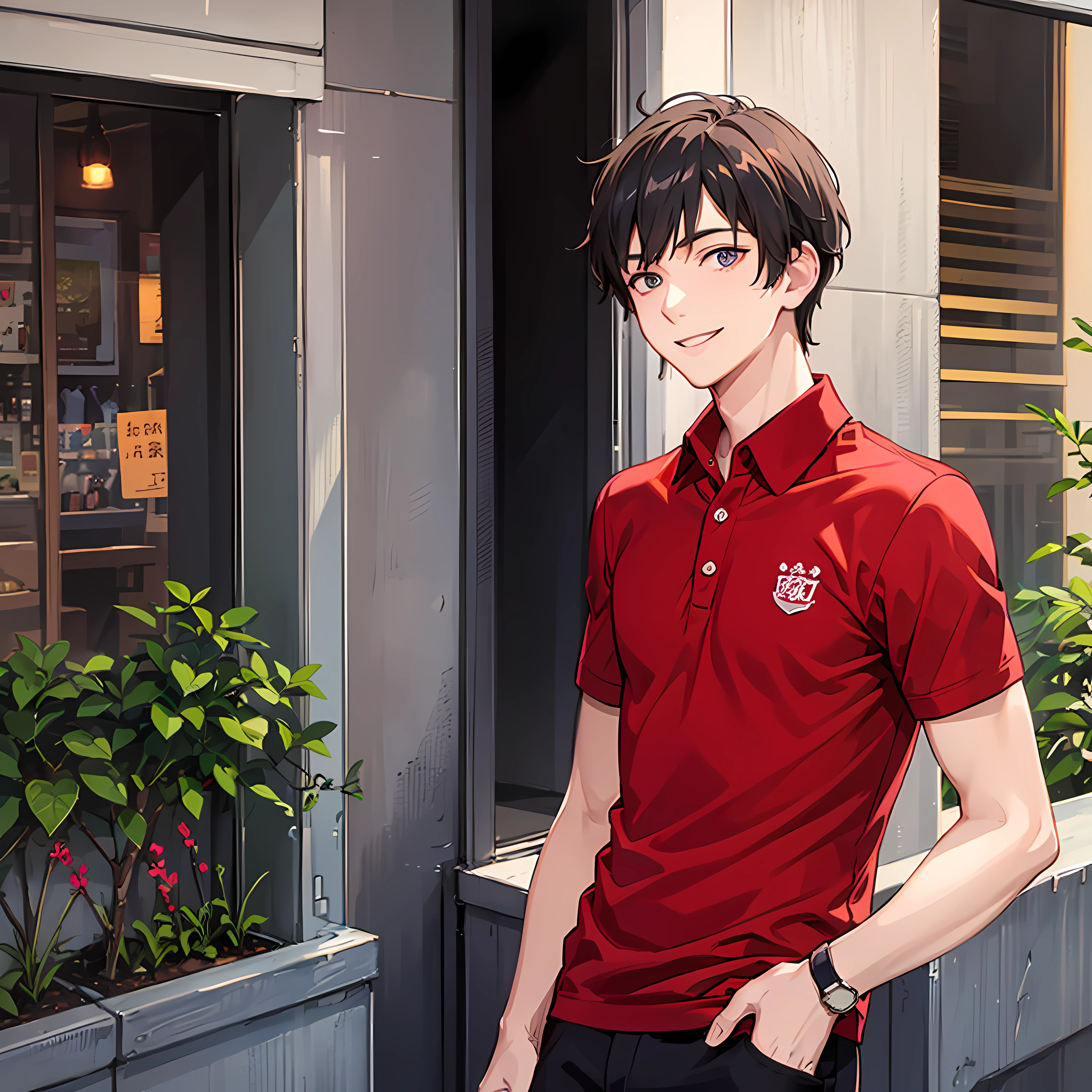 masuter piece, 独奏, red polo shirt, Short-sleeved polo shirt,Young man with a refreshing smile, red polo shirt, Beautiful sunlight, Fine expression, dynamic ungle, twinks, Background in the city, Stand up straight