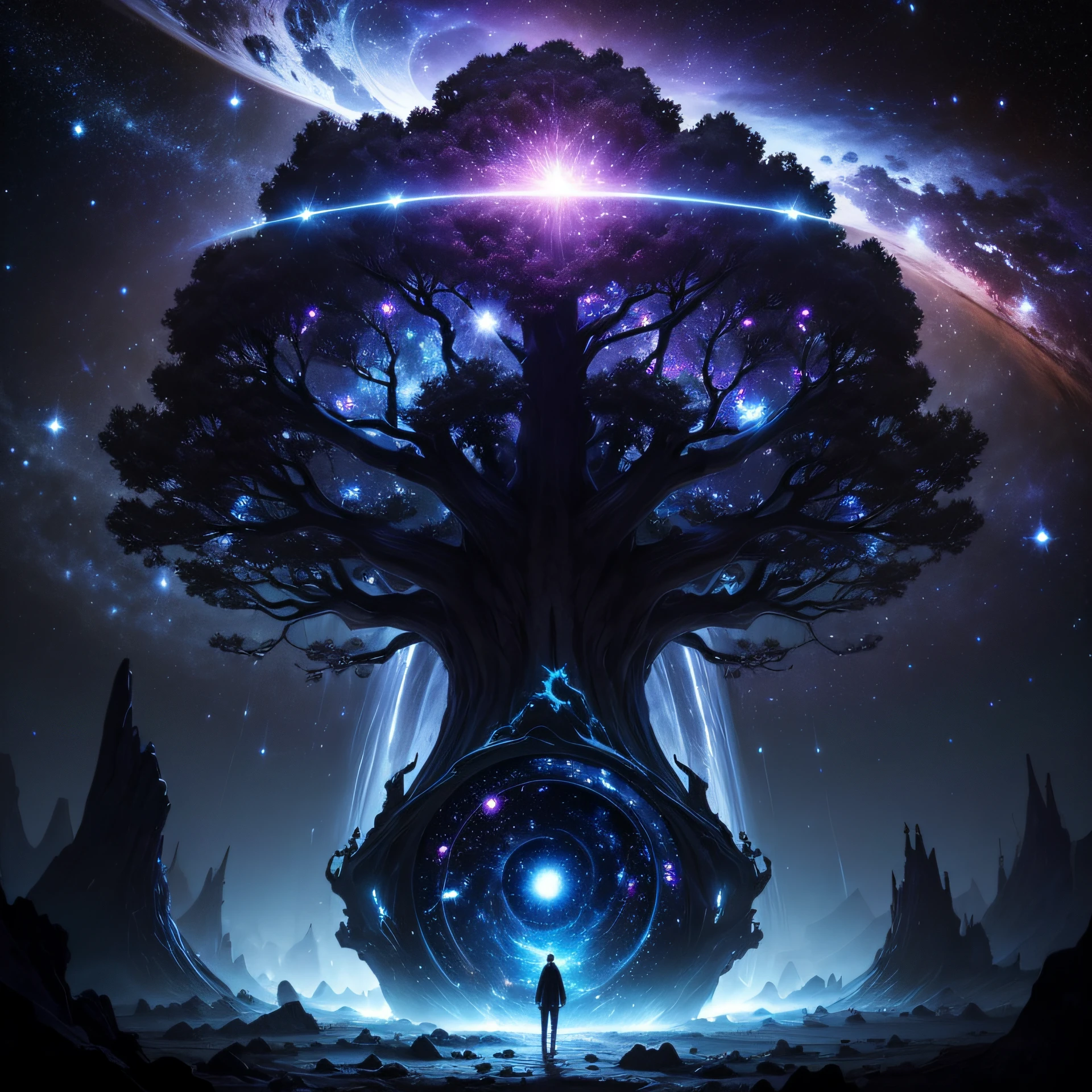 world tree,Ring of the Stars,The boundless universe,Endless galaxies,Dangerous black holes,Exploding supernova,Floating stellar nebula,Negative dark mode --auto