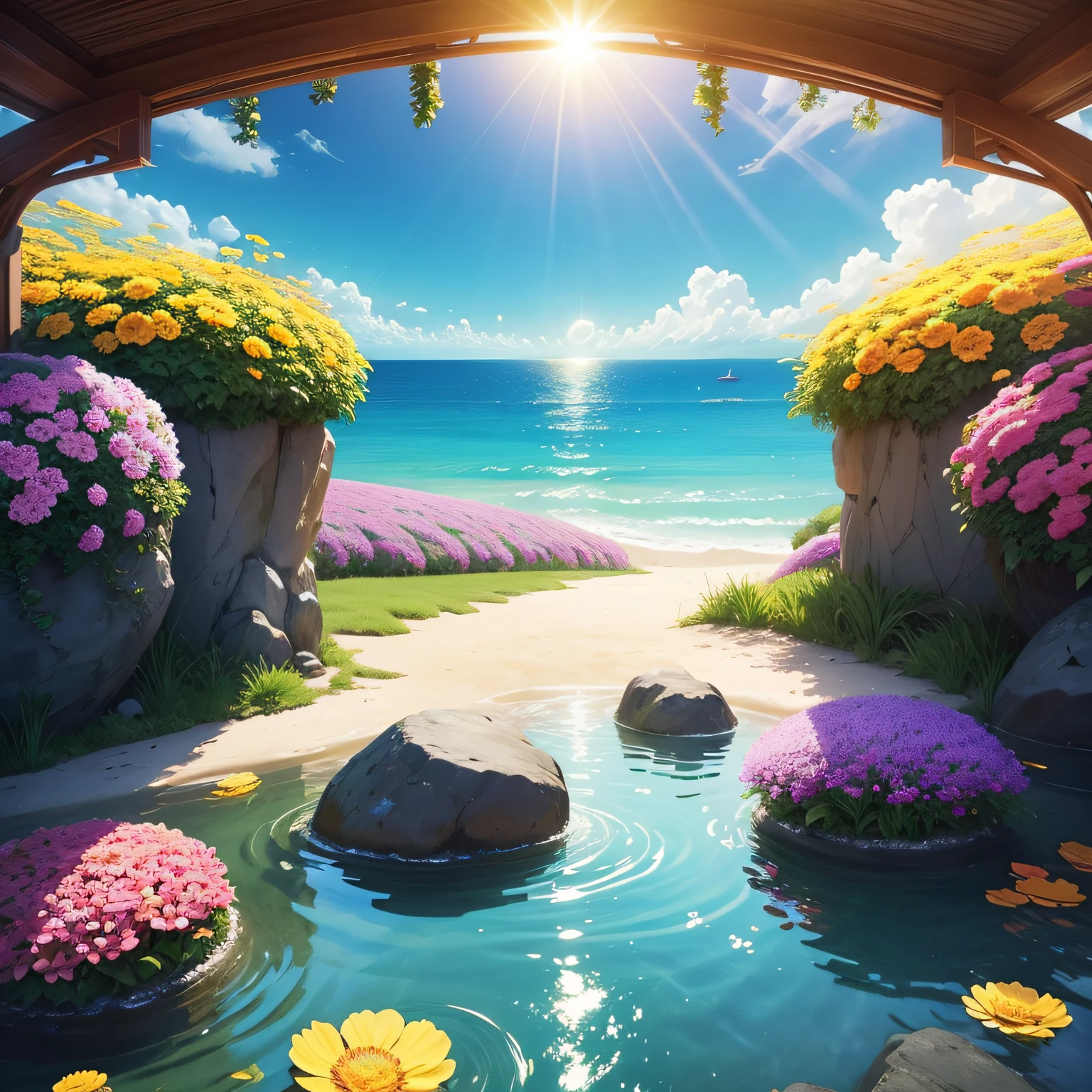 flower  sea, High saturation, baiyun, rays of sunshine,  The sea in the distance, Anime style --auto