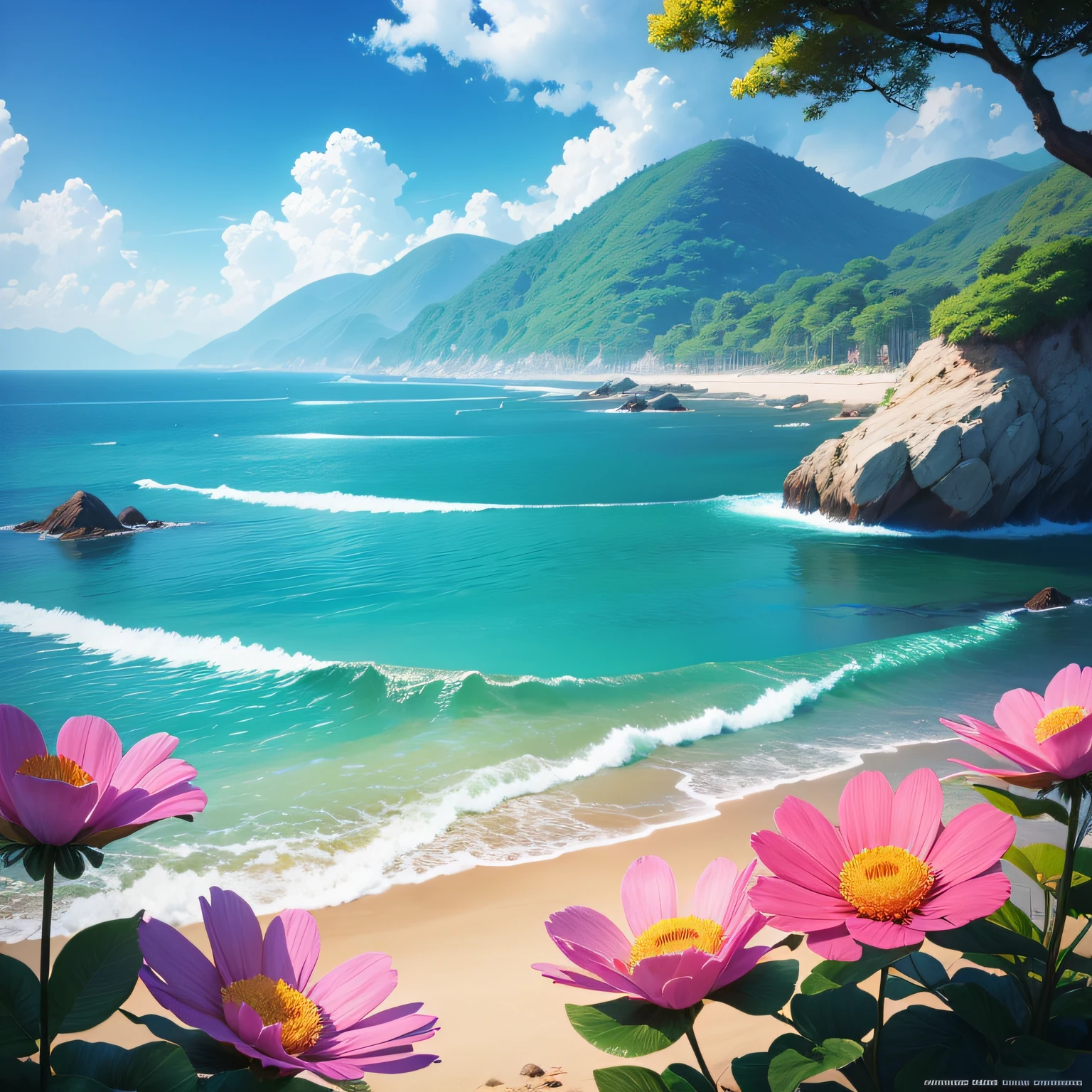 flower  sea, High saturation, baiyun, rays of sunshine,  The sea in the distance, Anime style --auto