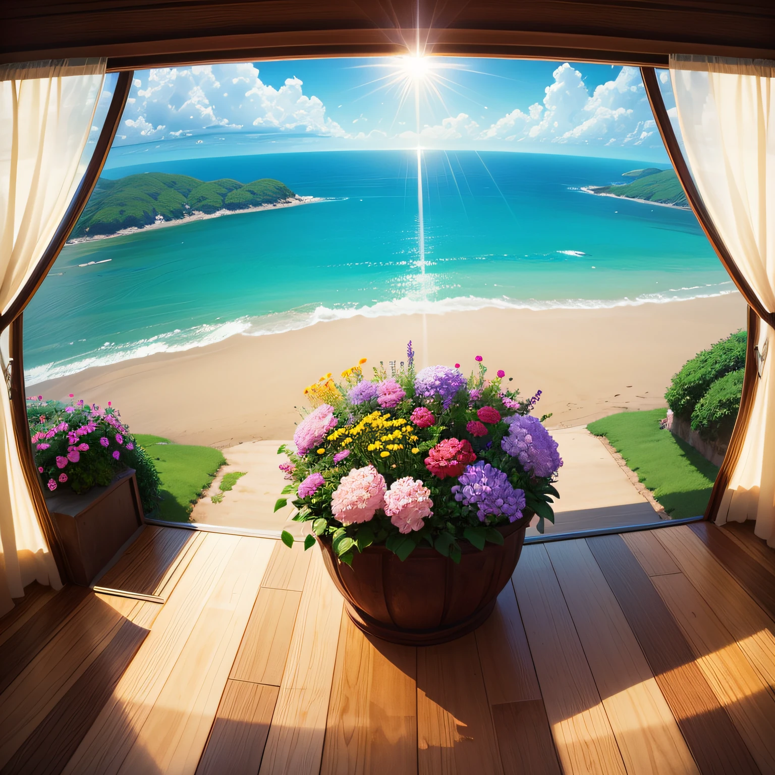 flower sea, High saturation, baiyun, rays of sunshine, The sea in the distance, Anime style --auto