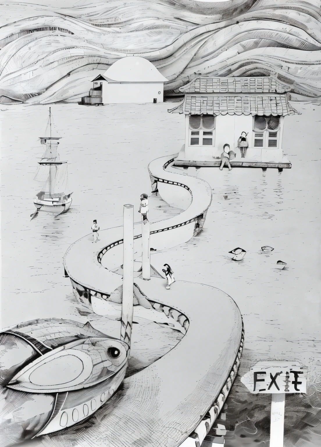 There is a drawing of a shipyard,The background is a house, surrealism painting, inspired by Kanō Mitsunobu, feng zhu |, Inspired by M.c. Escher, Inspired by M. c. Escher, Inspired by MC Escher, monochrome drawing, by Ni Yuanlu, twisted waterway, author:Rei Kamoi,black hair, hair bobbles, wince, longeyelashes, solid circle eyes, fake animal ears, light smile, ear blush, fang, Surrealism, drop shadow, anaglyph, stereogram, tachi-e, pov, atmospheric perspective, 8k, super detail, ccurate, best quality
