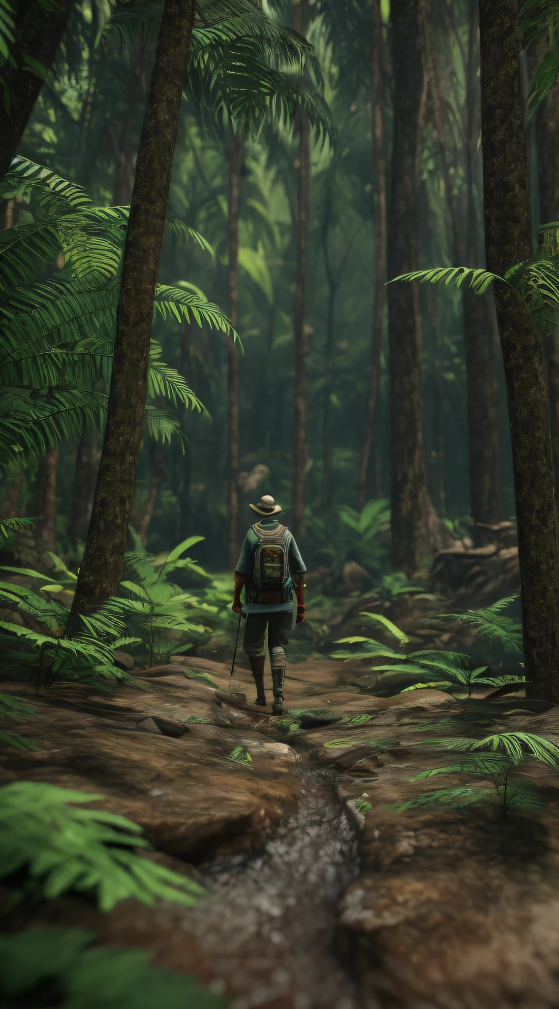 Kizi, realisticlying:1.5,A beautiful close-up((adventurer)),jungles,oases,giant and wet trees,Ultra-detailed quality,Photographic realism,8K HD,Realistic shooting,Soft cinematic lighting,hyper HD,