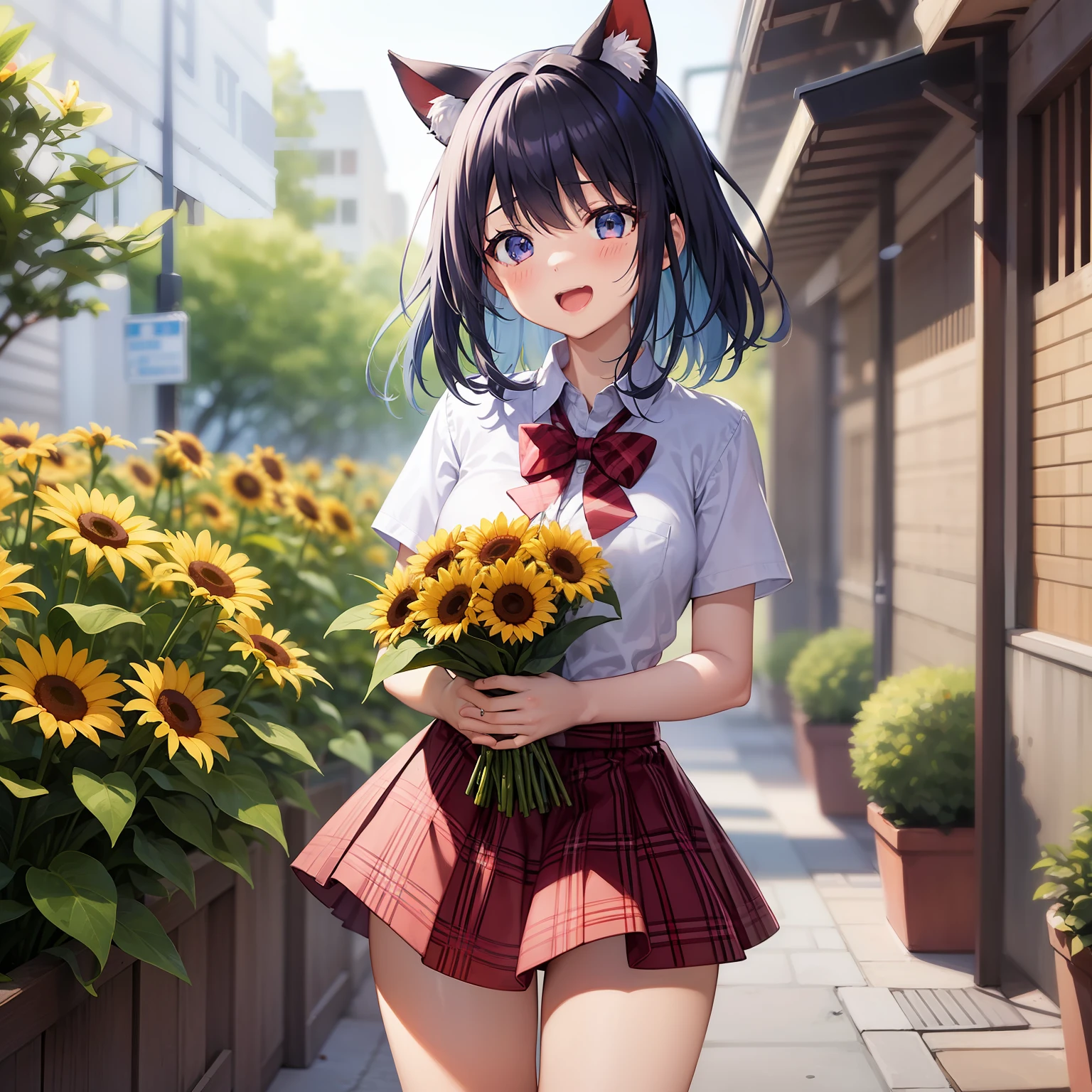 Aoi_Fukayuki、1 girl in、anime styled、full bodyesbian、(blue hairs)、(shorth hair)、Shy laughter、red tide、blue eyess、blazers、、(plain white shirt)、(red bowtie)、(Red checked skirt)、(Black stockings)、Absolute Area、White cat ears、hightquality、best qualtiy、emphasizing thighs、to stand、Having a bouquet of rudbeckia、looking at away、Birthday Celebration