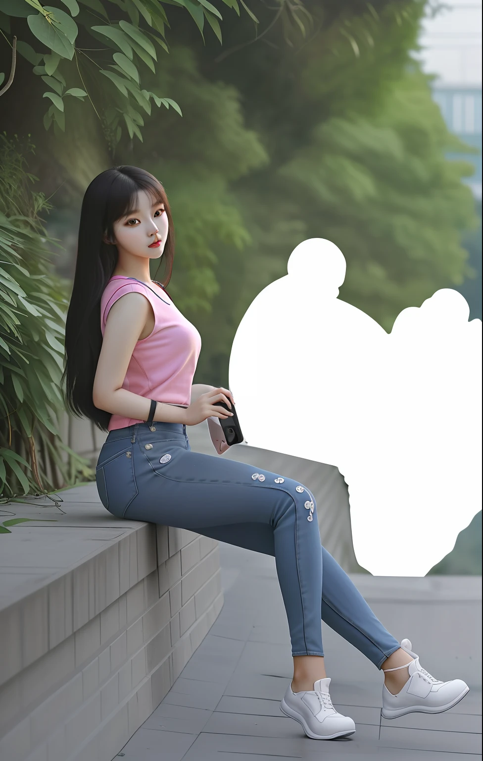 There was a woman sitting on the wall with a cell phone, Attractive pose, Korean girl, Casual pose, Chinese girl, Asian girl, attractive photo, Gorgeous young Korean woman, bbwchan, photo of slim girl model, Korean woman, photo of slim girl, various poses shooting photos, very low quality, Young Asian girl, beautiful Korean women