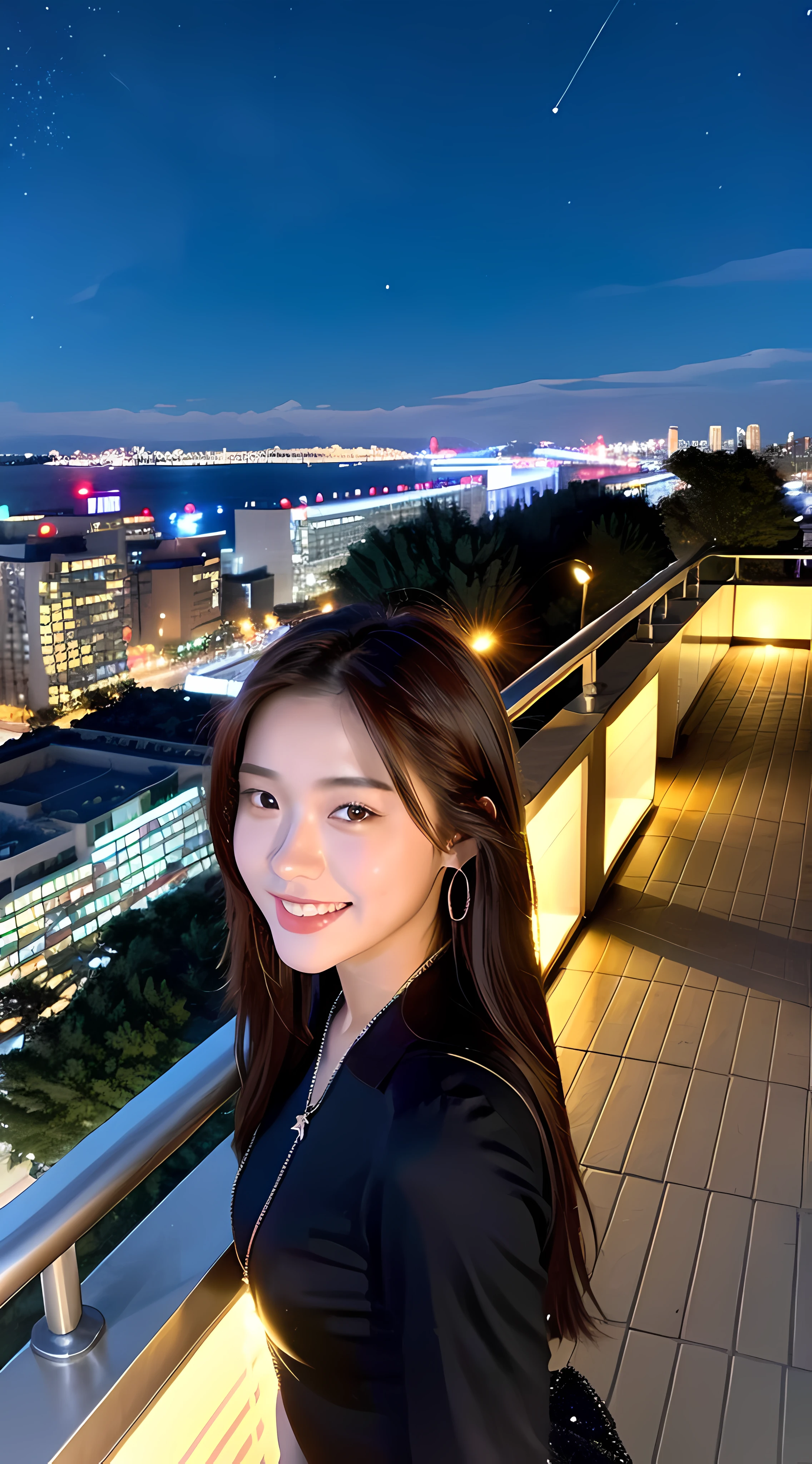 （（best qualtiy，8K，tmasterpiece：1.3，Best picture quality）），An 18-year-old girl on the balcony，The bustling city is star-studded at night（detailedbackground）