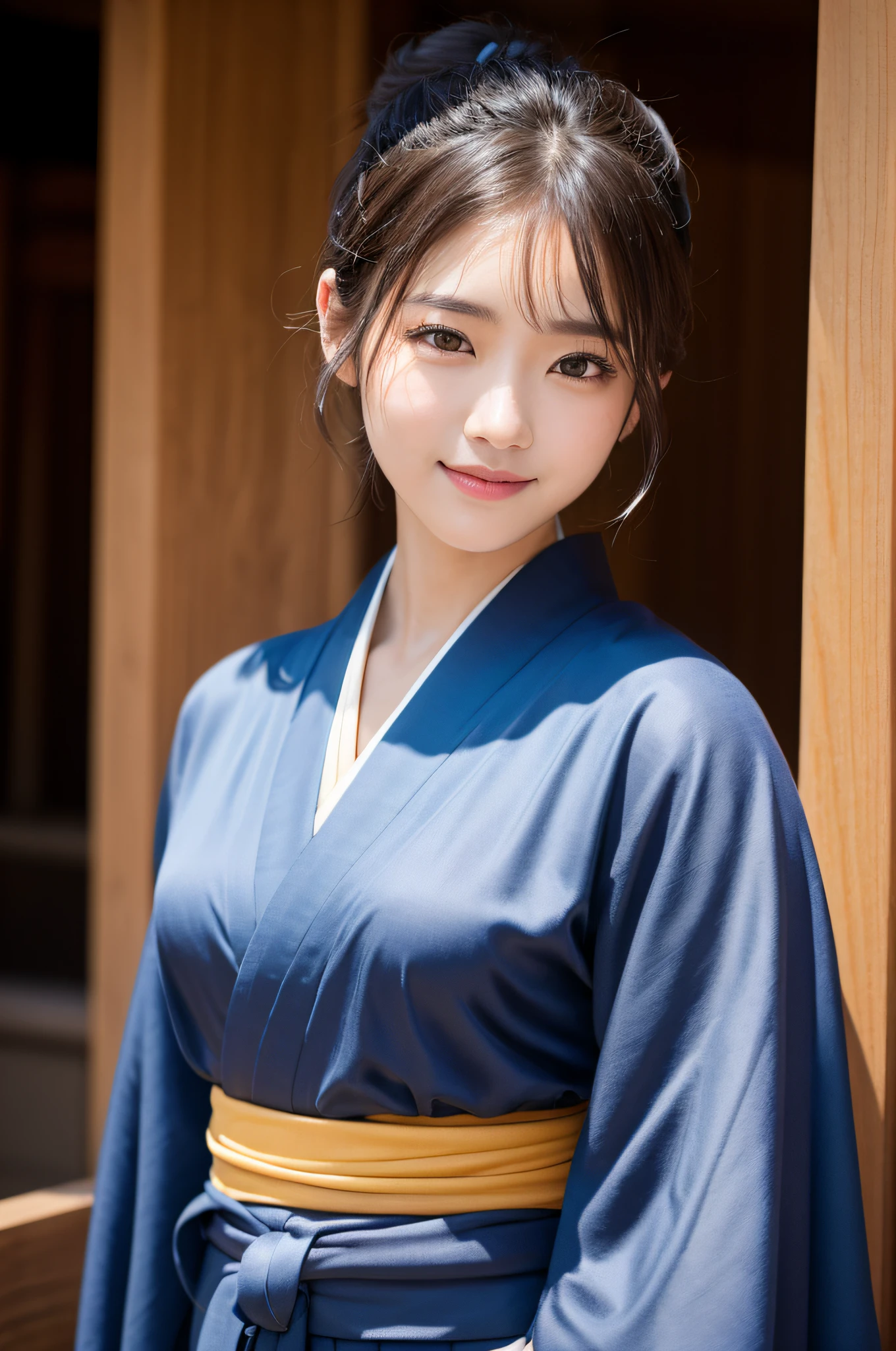 ((top-quality、8k masterpieces:1.3))、foco nítido:1.2、(ultra beautiful faces:1.0)、(Slender Abs Beauty:1.0)、(shinny skin:1.0)、photos realistic、A dark-haired、Video Lighting、High-definition eyes and face、Video Lighting、(cowboy  shot:1.3)、(Kimono、Hakama、Obi:1.4)、(Korean Cute Actress)、Traditional kimono、from the front side、medium large breasts、A slight smile