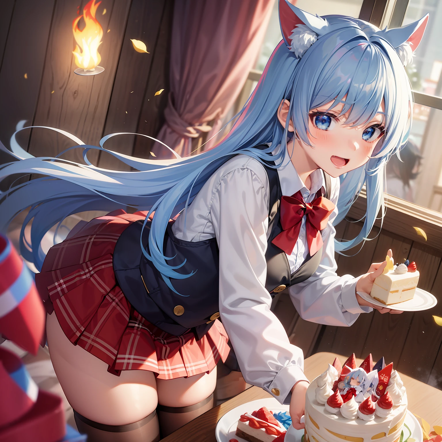 Aoi_Fukayuki、1 girl in、anime styled、full bodyesbian、(blue hairs)、(shorth hair)、Shy laughter、red tide、blue eyess、blazers、、(Plain white shirt)、(red bowtie)、(Red checked skirt)、(Black stockings)、Absolute area、White cat ears、hightquality、best qualtiy、emphasizing thighs、to stand、birthday cake、chandelle、ignite、Birthday Celebration