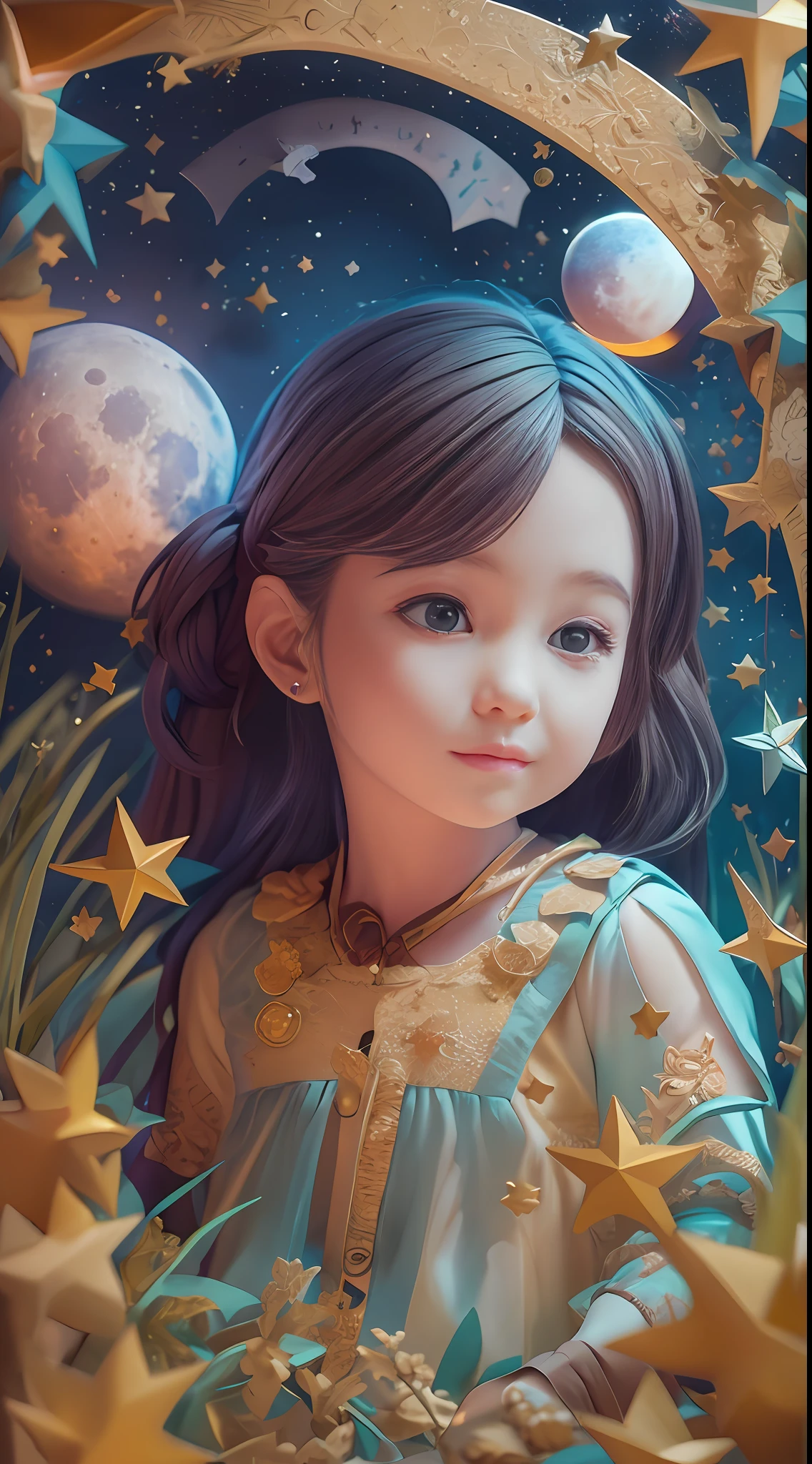 illustration: 1.3), paper art, 3D rendering of, Colorful background, (cute female child: 1.3), (Masterpiece star: 1.2) (Masterpiece Moon: 1.2), Colorful, Best quality, Detailed details, Masterpiece, offcial art, movie light effect, 4K, Chiaroscuro , Flash