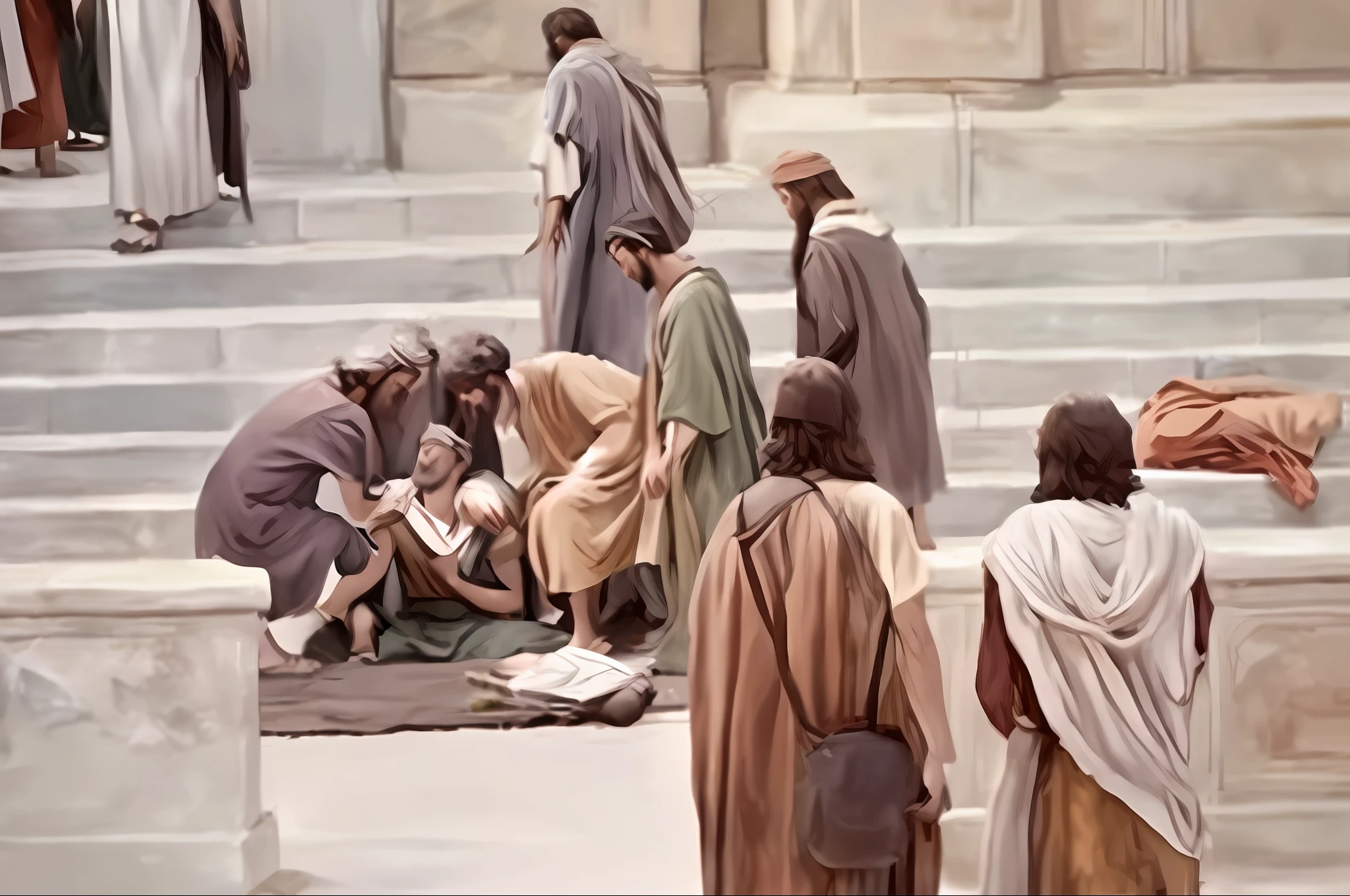 Man sitting on the floor with a group of people, desconhecido, beautiful depiction, biblical image, Nicodemos, beautiful image ever created, cena!!, jesus wasted at a party, focus on his foot, cena espiritual, bela cena, 0 0 0, 000, cena triste, ferido, cena heroica, A cena mais bonita