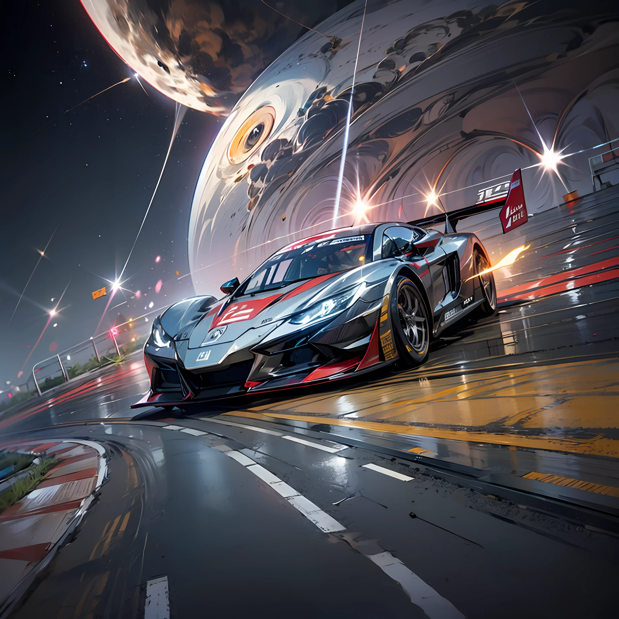 Increase the smoke generated by friction (masterpiece, best quality), high resolution, (8k resolution), (super detailed), spacecraft, The picture depicts a car race between planets, the car flies directly in space, two racing cars are rapidly flying towards the camera, super sports car, high-tech jet engine, colorful planets and nebulae in the background, headlights dragging streamer, time-lapse photography, more detail, realism, photo texture