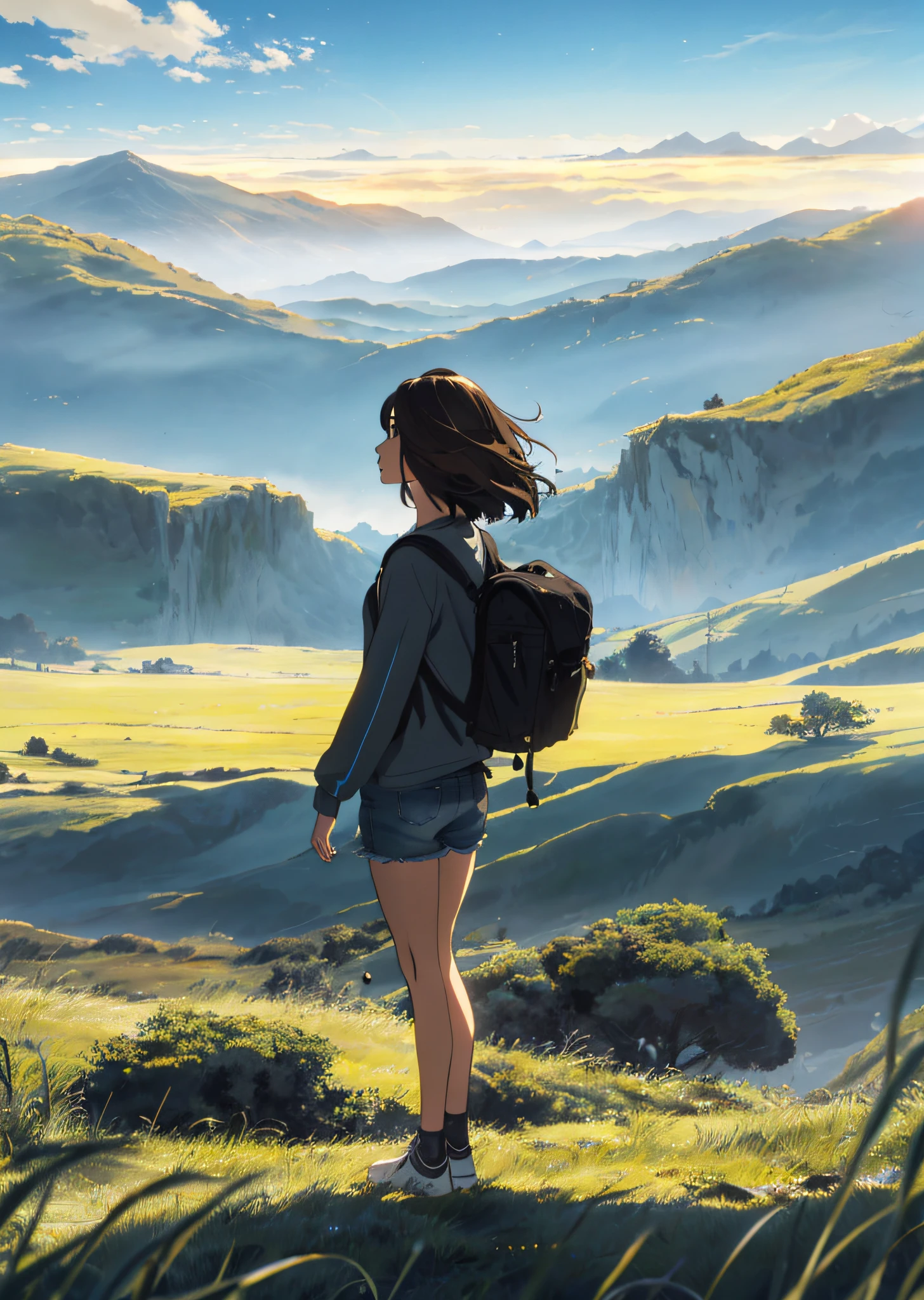 (beautiful and magnificent skyline, majestic sky), (extremely tense and dramatic pictures, moving visual effects), (high hanging Polaris, colorful natural light), (1girl), (long-sleeved top, denim shorts, carrying a backpack), (dynamic pose:1.3, black eyes, black hime-cut hair, sparkling girl)[:0.8], (large grassland), (oncoming breeze), (brown hair and background Coordination effect: 1.2), (close shot, long shot mix and match)[::0.9]