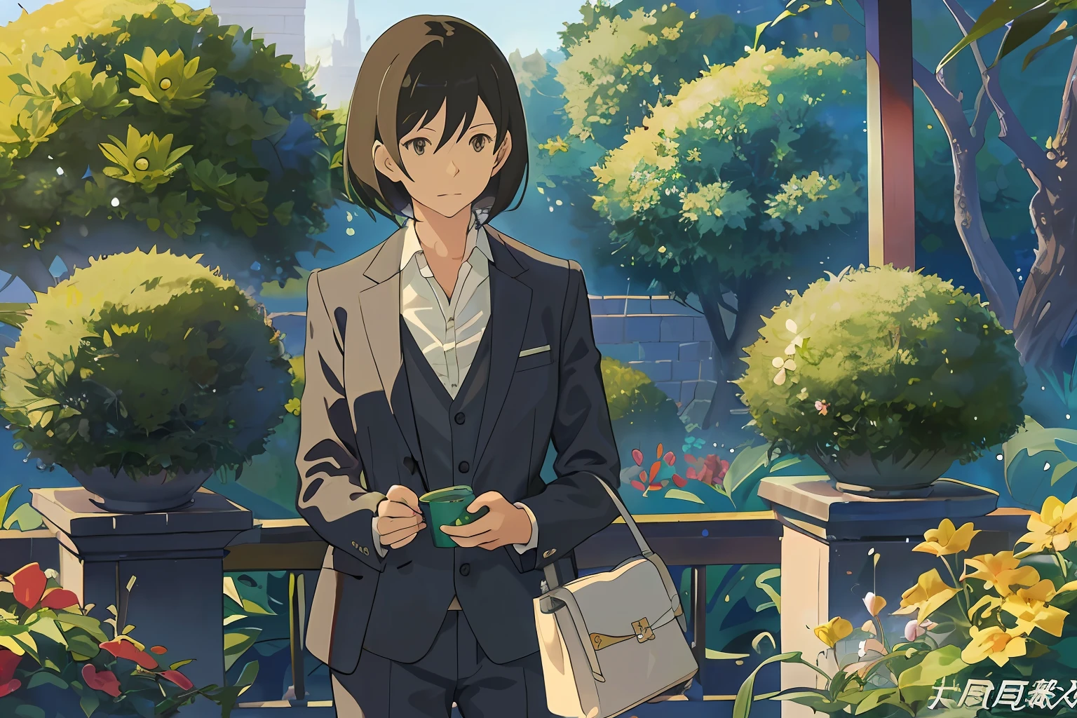 (masutepiece:1.2), Best Quality,pixiv, The Garden of Words,
Solo, 1girl in, Short hair, Black hair, can, bob cuts, Jacket, Bag, tree, Formal, Suit