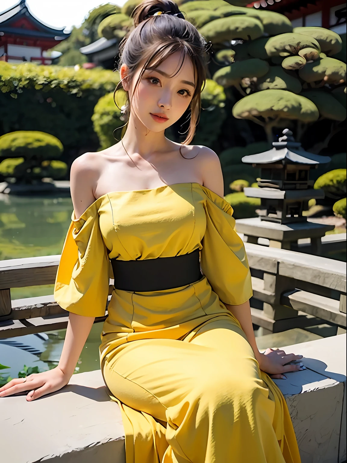 beautiful woman with yellow dress, japanese gardens