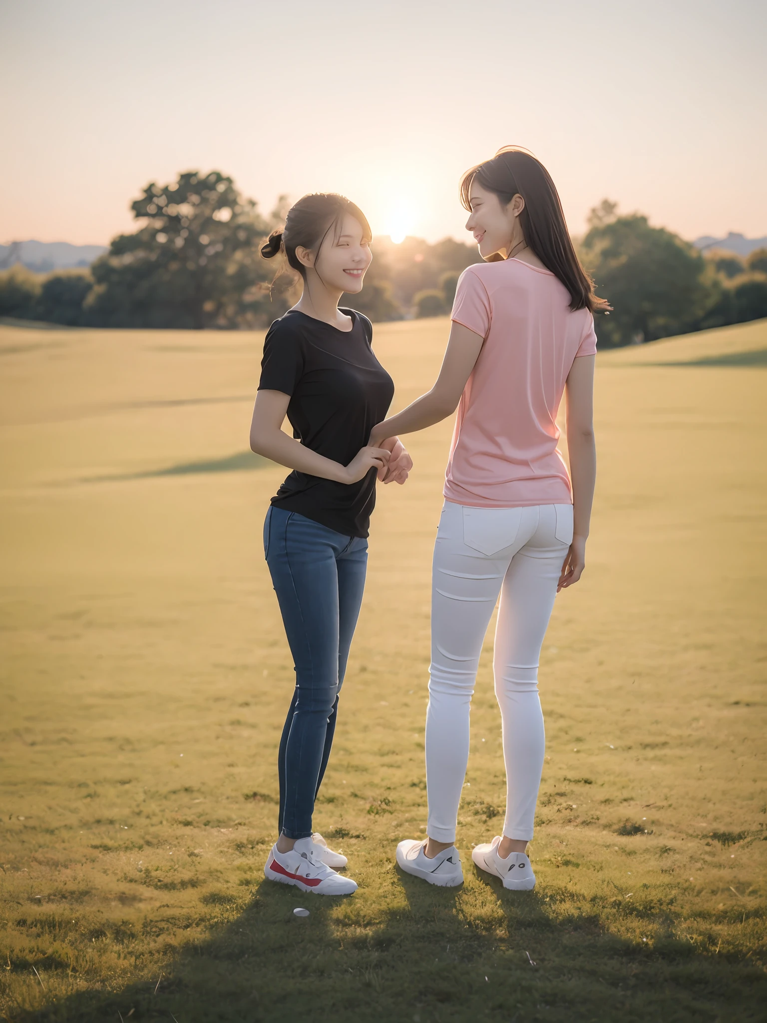 （超高分辨率，RAW photogr，realisticlying，tmasterpiece，best qualtiy：1.4），Complicated details，2 20 year old Korean girl，Wear a loose black T-shirt and skinny jeans，Stand on the grass and take pictures，hugs，Intimate relationships，Detailed meadow，A sweet smile on a small face，Ultra-realistic facial details，The face and skin are pink and white, and luminous，Playful and coquettish pose，The calves are straight and slender:1.2，Wear high-end brand sneakers:1.0，eventide：0.3，Broad lighting，naturalshadow：1.0，超高分辨率，taking a full body photo:1.8 --auto