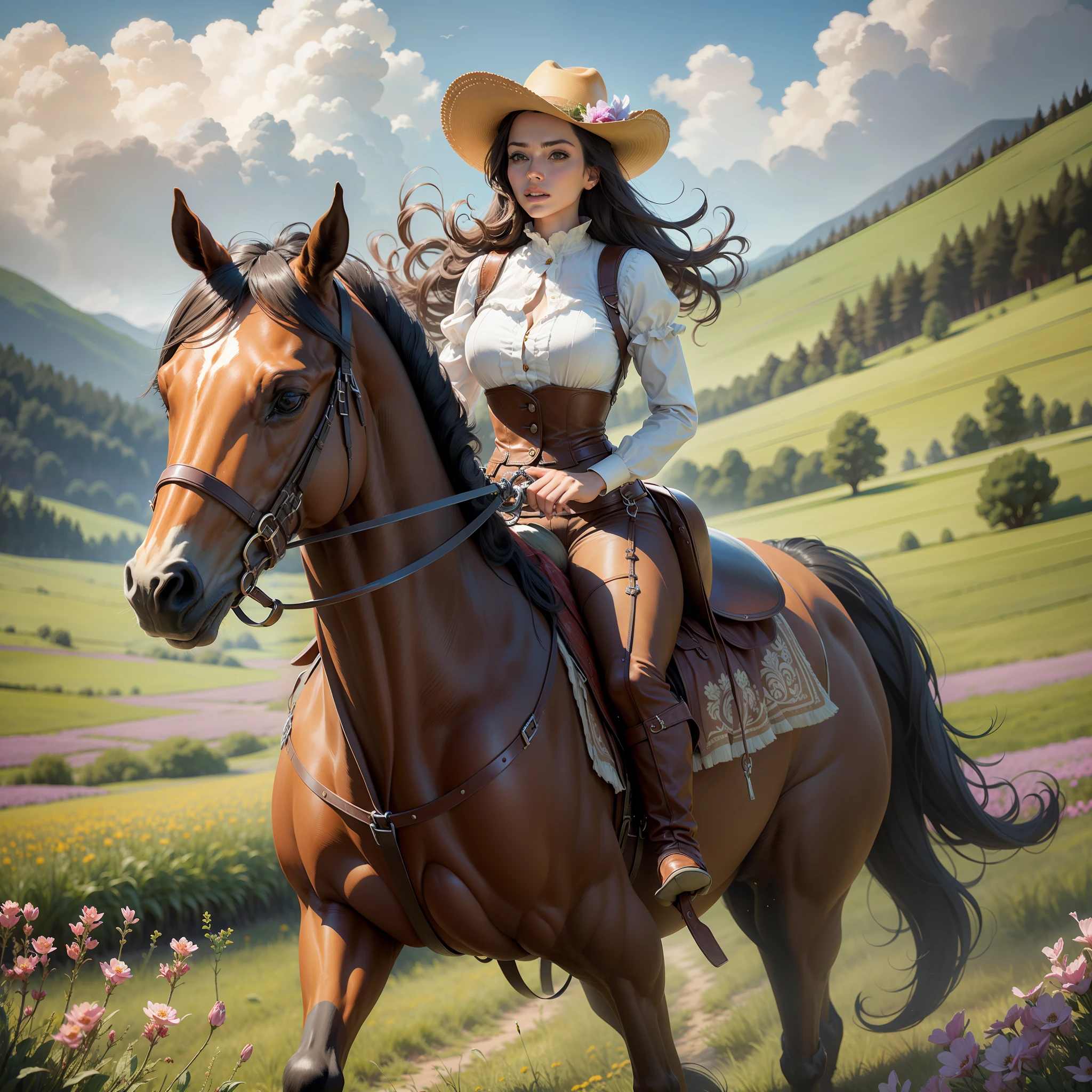 "An exquisitely detailed and hyper-realistic representation of a magnificent cowgirl gracefully riding a beautiful horse amidst a picturesque meadow adorned with vibrant and blooming flowers."