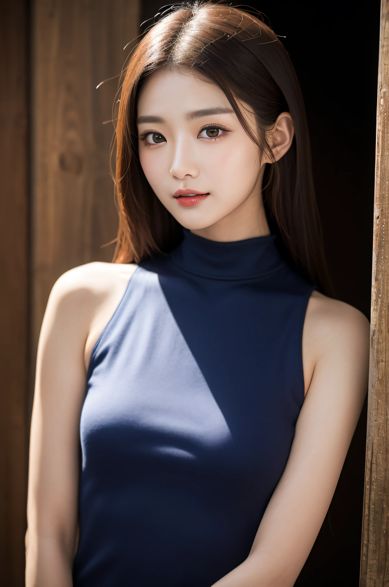 ((best qualtiy、8k masterpieces:1.3))、foco nítido:1.2、(ultra beautiful faces:1.0)、(Slender Abs Beauty:1.0)、(shinny skin:1.0)、photos realistic、A dark-haired、Video Lighting、High-definition eyes and face、Video Lighting、(cowboy shot:1.3)、White swimwear、(Korean Cute Actress)、from the front side、medium large breasts、A slight smile、Sleeveless