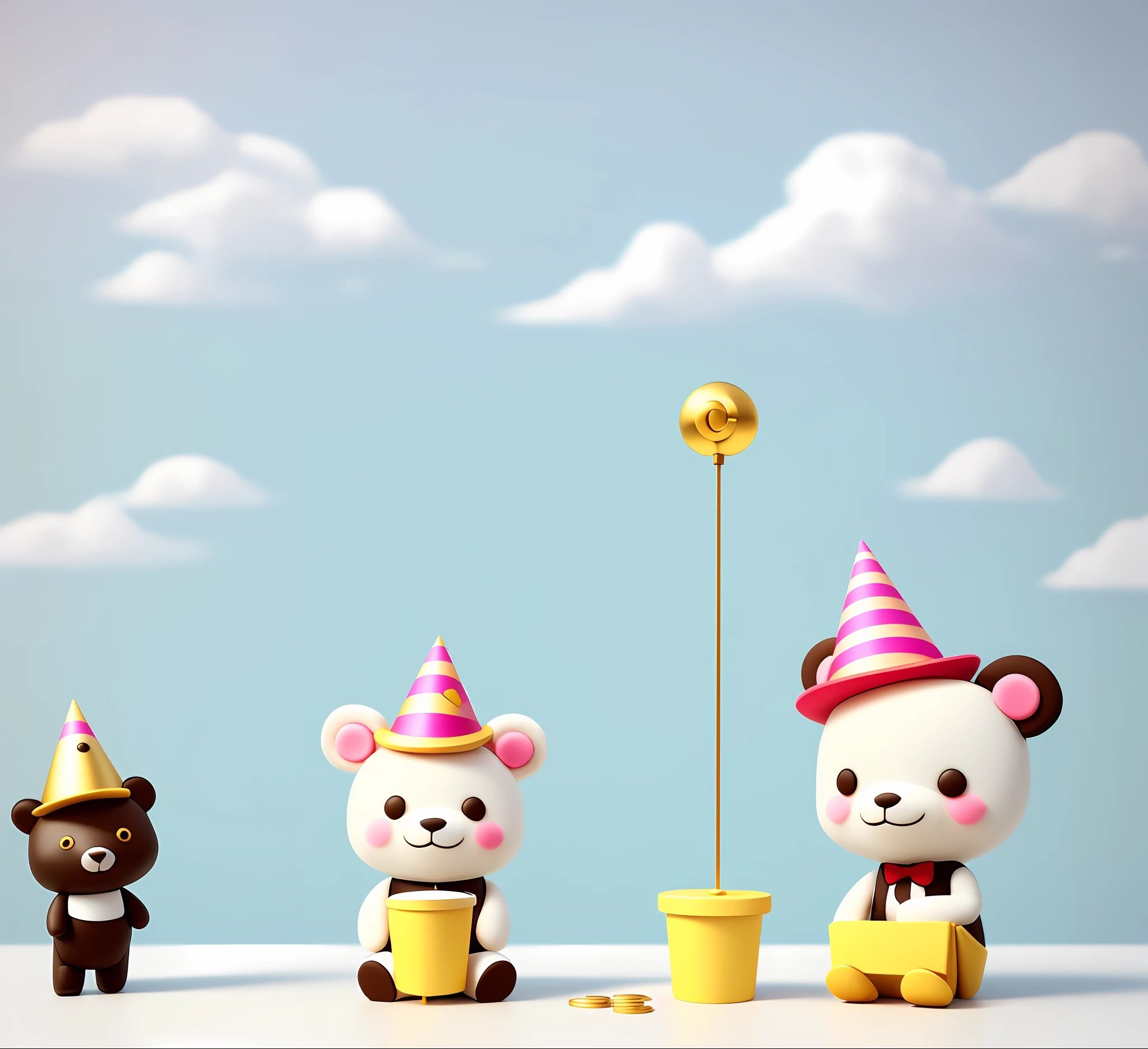There is a bear with a party hat on his head, Cute!Cute dolls，Abstract， C4D, cute 3 d render,  3D model of mascot, kawaii hq render, toy design, vinyl toy figurine, vinyl designer toy, cute toy, animal crossing character, cute pictoplasma, soft 3d render，Subject content:A playful little man depicted by simple lines stands on the three-dimensional character RICH in a birthday dress，Birthday cake and gold coins next to it、Floating elements such as gold、Premium gift box，And accompanied by exaggerated emojis，Q version IP role
Environmental background: Plain white background
Composition shots: Positive side+
Reference direction: 3D,C4D,Hand version doll style
