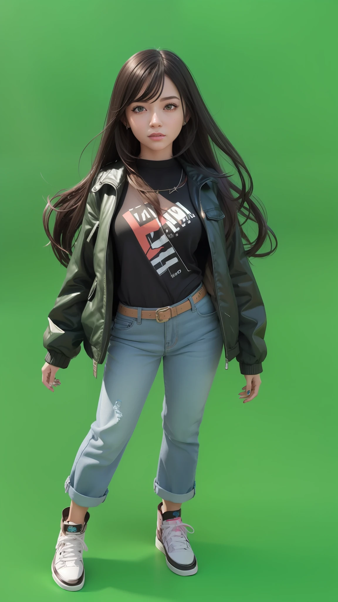 a closeup of a person wearing a jacket and jeans, anime estilo 3d, feito com anime painter studio, personagem estilo anime, Estilo anime 3D realista, Ilya Kuvshinov com cabelo longo, photorealistic anime girl rendering, retrato de personagem de corpo inteiro, de cabelo preto vestindo capuz, pintado em anime painter studio, Retrato de corpo inteiro do personagem, arte oficial altamente detalhada