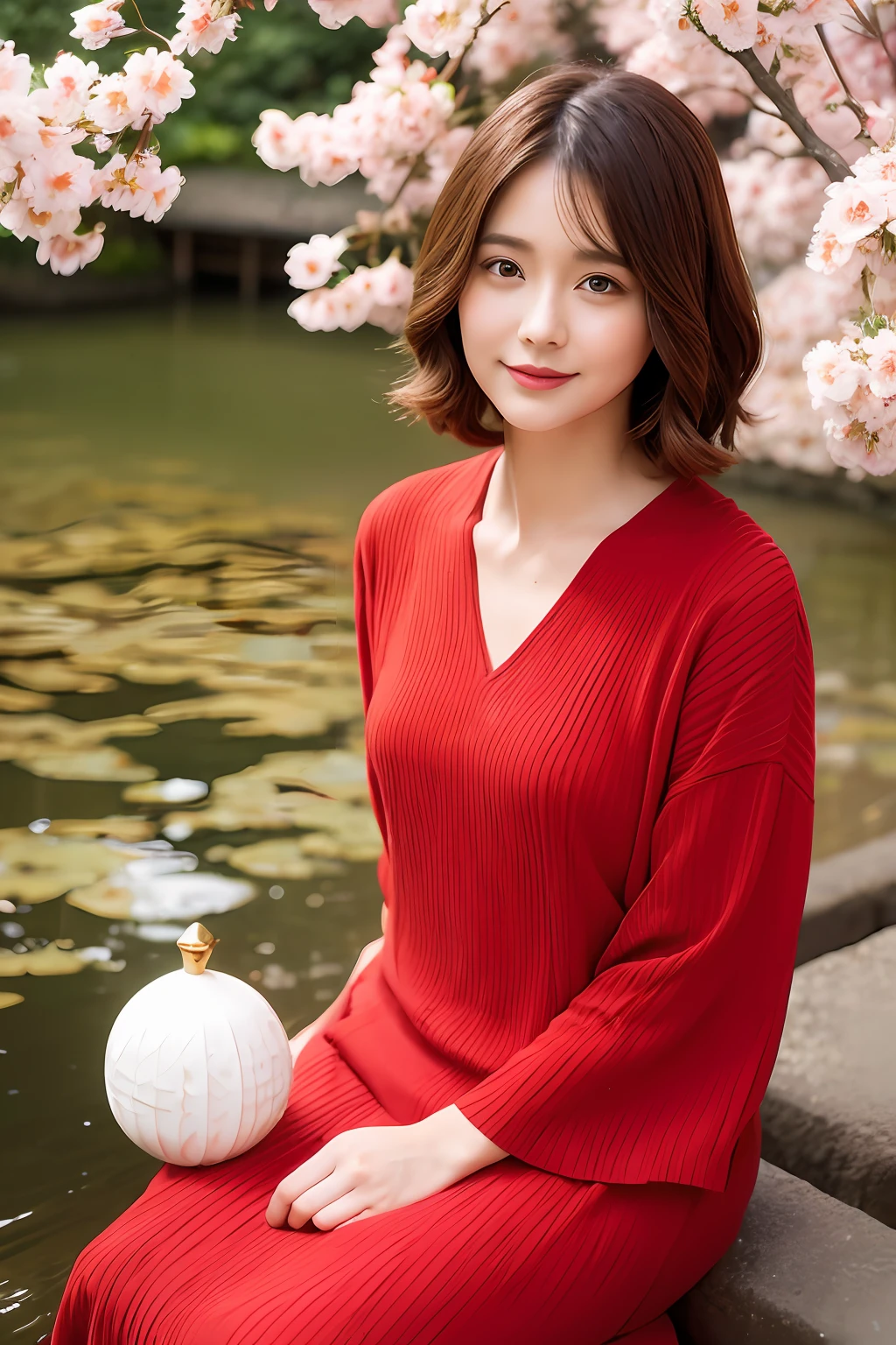 traditional woman, red flowing dress, japanese gardens, rich, gold, cherry blossom, short brown hair