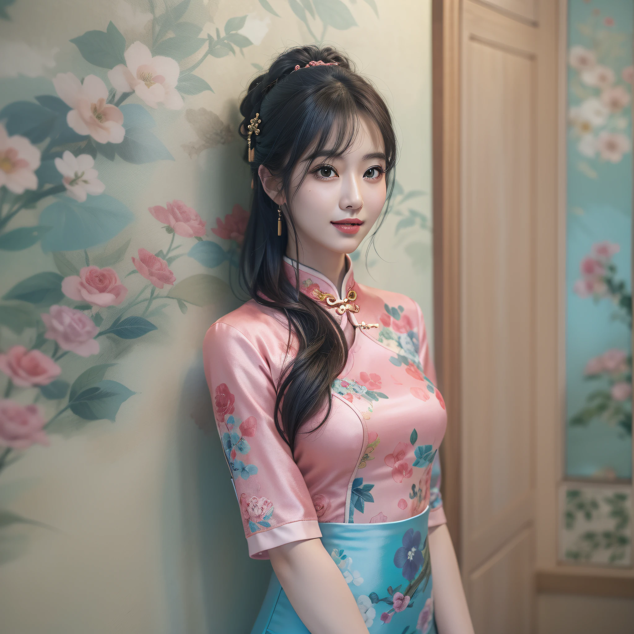 1 woman,Blue cheongsam,inside in room,Pink Long Hair,Realistic painting style,against a wall,Stand on one foot,Fold your hands to your chest,ssmile,Live-action style,best qualtiy,realisticlying,(8K, 4K, best qualtiy, A high resolution:1.2)