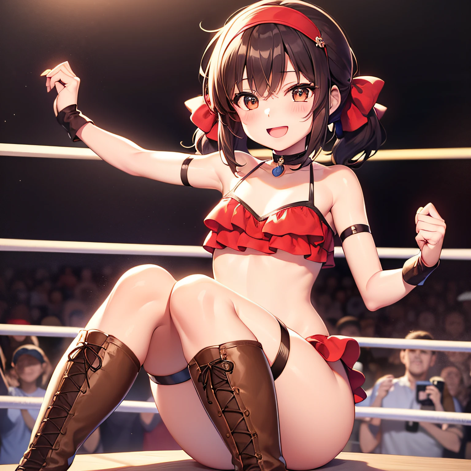 top-quality、extremely delicate and beautiful、（One Person）、small tits、Girly、Girly、11years old  girl、(Dark hair)、(maikurobikini)、((poneyTail))、(red hairband)、(Brown boots)、A smile、professional wrestling、Crowd Circle View、Rise to the pinnacle of professional wrestling