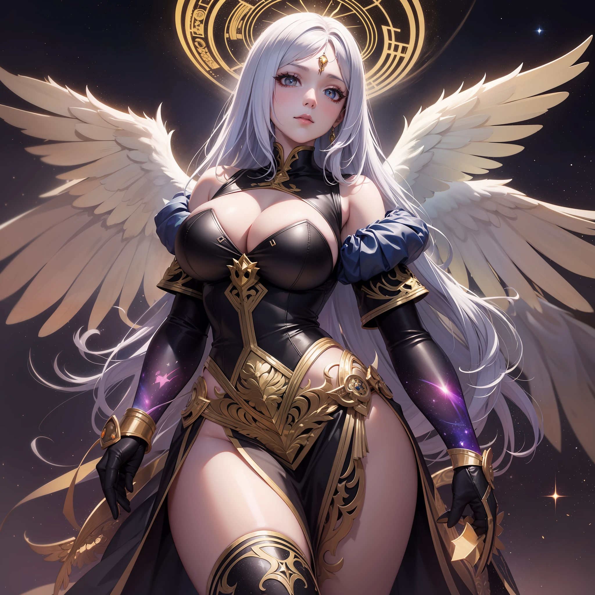 from below, high resolution, highest quality, super high quality, super detail, ultra realistic, photorealistic, anime, manga, illustration, Northern Renaissance style, fantasy, super beautiful goddess, silver long tired hair, sparkling big gold eyes, mysterious, enchanting, tattoos, huge breasts, under boob, great proportion, perfect proportion, slender, full body, big wings, background galaxy, magic circle, kaleidoscope, rainbow and gold neon light many lines, cyber punk, church, cityscape