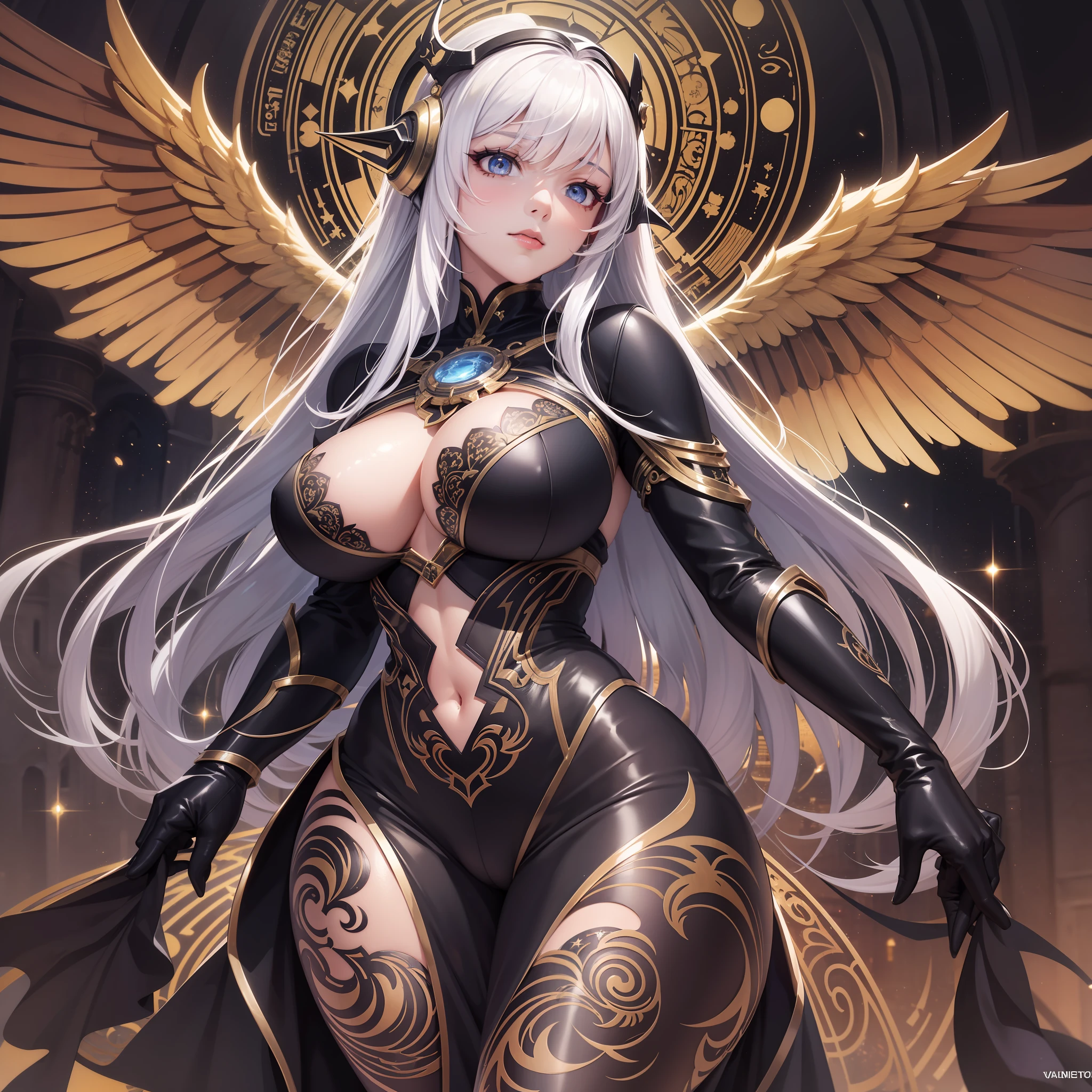 from below, high resolution, highest quality, super high quality, super detail, ultra realistic, photorealistic, anime, manga, illustration, Northern Renaissance style, fantasy, super beautiful goddess, silver long tired hair, sparkling big gold eyes, mysterious, enchanting, tattoos, huge breasts, under boob, great proportion, perfect proportion, slender, full body, big wings, background galaxy, magic circle, kaleidoscope, rainbow and gold neon light many lines, cyber punk, church, cityscape
