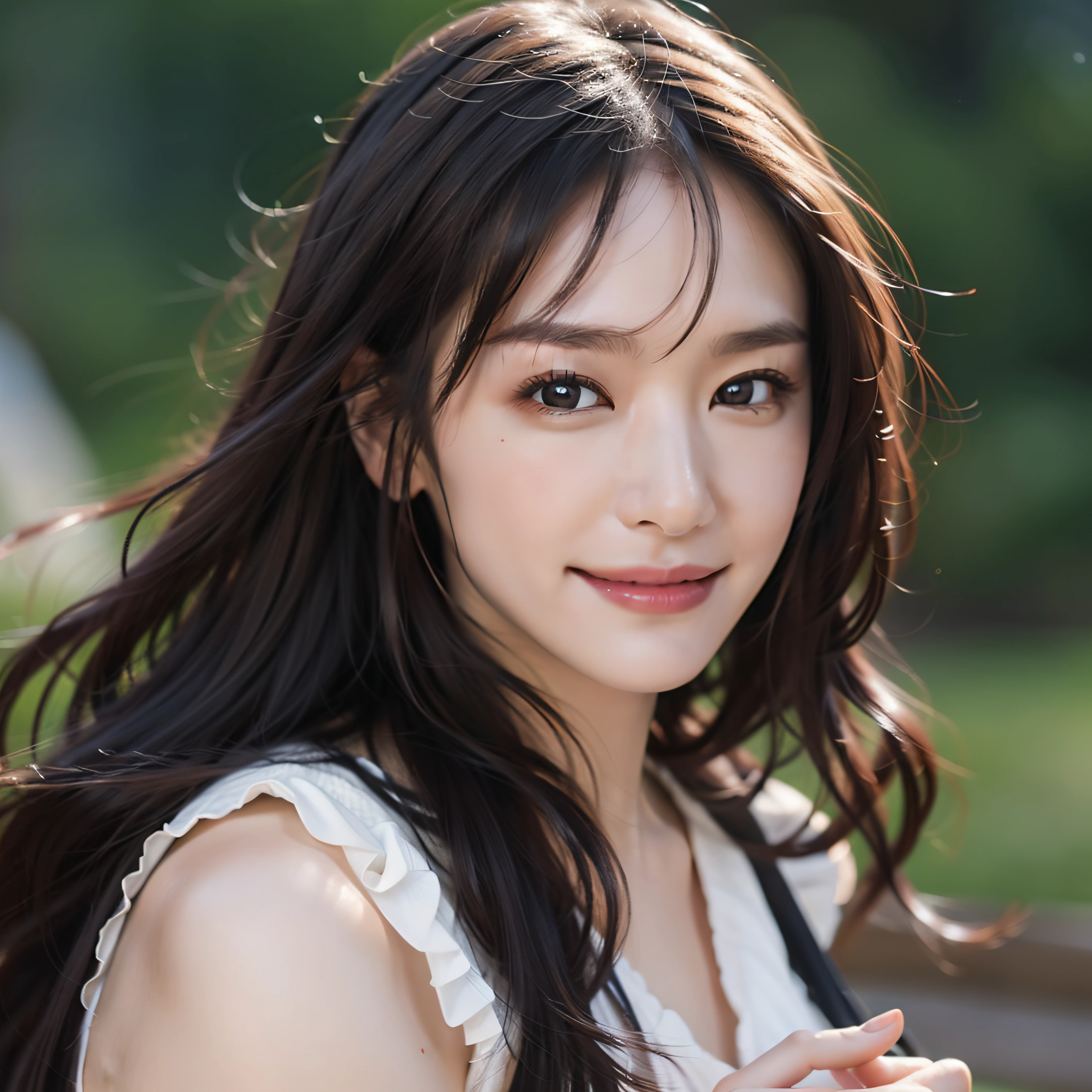 (8K、Raw photography、top-quality、​masterpiece:1.2)、(realisitic、Photorealsitic:1.37)、ultra-detailliert、超A high resolution、One lady、独奏、big breasts、Fishtail、beautifull detailed face、laugh、(a smile)、raise the corners of one's mouth、Constriction、(Slim waist:1.3)、Clarify the hand、full of sweat、pinafore、Nothing else、Clear eyes、depth of fields、Focusing、Sun'rays、Good composition、(Bokeh:1.2)、beautidful eyes、dark brown hair、Hair that flutters in the wind、(ulzzang-6500:1.2) mix4、hiqcgbody、precise face features、Full body angle、Slightly powdered skin texture、Feathering、(Detailed skin)、Realistic texture、Muffled light、Gradient Blending、Perfect face and proportions、Dense skin Beautiful detailed skin、Skin Texture、Floating hair、Professional Lighting、