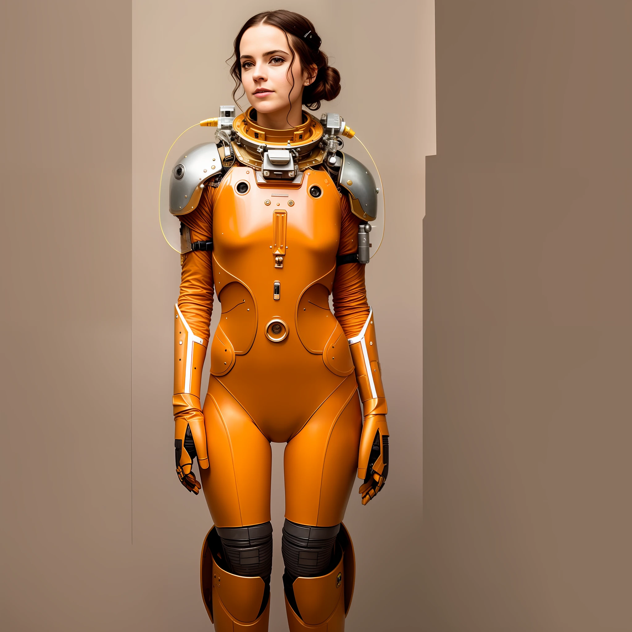 There's a woman in a spacesuit posing for a picture, portrait armored astronaut girl, portrait of a sci - fi woman, scifi woman, Futuristic spacesuit, Girl in a robot costume, sci-fi spacesuit, Sci-fi costume, Sci-fi Women's, sci-fi suit, Futuristic female beekeeper, young lady cyborg, SolarPunk Man, Wearing sci-fi armor