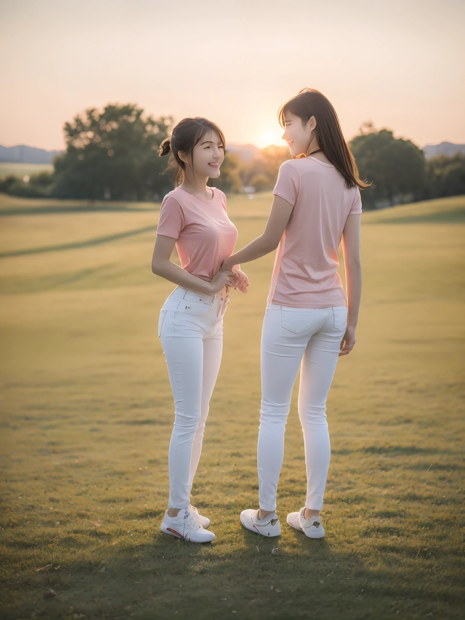 （超高分辨率，RAW photogr，realisticlying，tmasterpiece，best qualtiy：1.4），Complicated details，2 20 year old Korean girl，Wear a loose black T-shirt and skinny jeans，Stand on the grass and take pictures，hugs，Intimate relationships，Detailed meadow，A sweet smile on a small face，Ultra-realistic facial details，The face and skin are pink and white, and luminous，Playful and coquettish pose，The calves are straight and slender:1.2，Wear high-end brand sneakers:1.0，eventide：0.3，Broad lighting，naturalshadow：1.0，超高分辨率，taking a full body photo:1.8 --auto