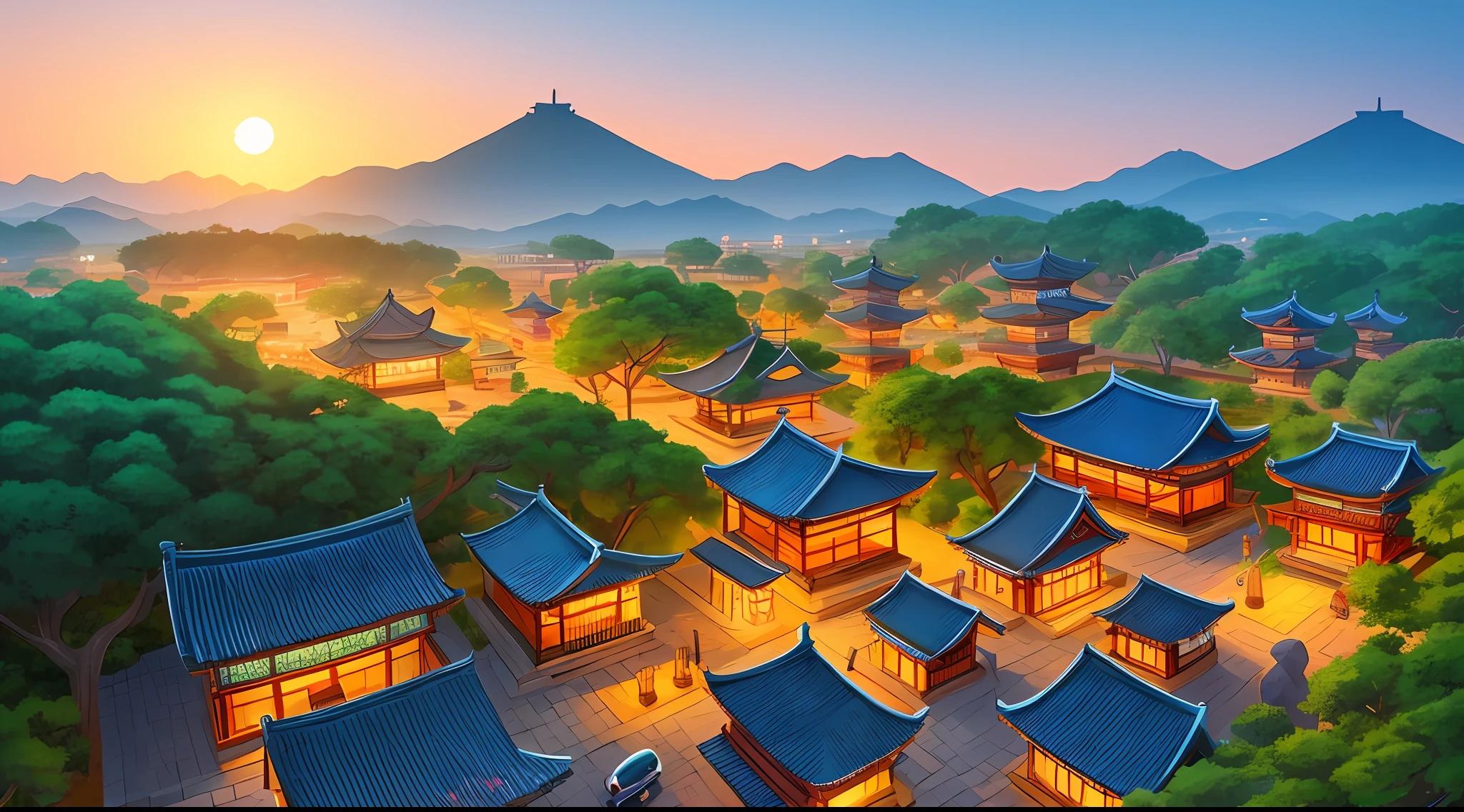 : An aerial view illustration of a whimsical cartoon-style ancient Korean city at a calm, peaceful evening, with the sun setting, showcasing a serene ambiance with no human presence. Choose a warm color temperature, add a gentle lighting, and create a tranquil atmosphere.--v 5 --stylize 1000 --auto