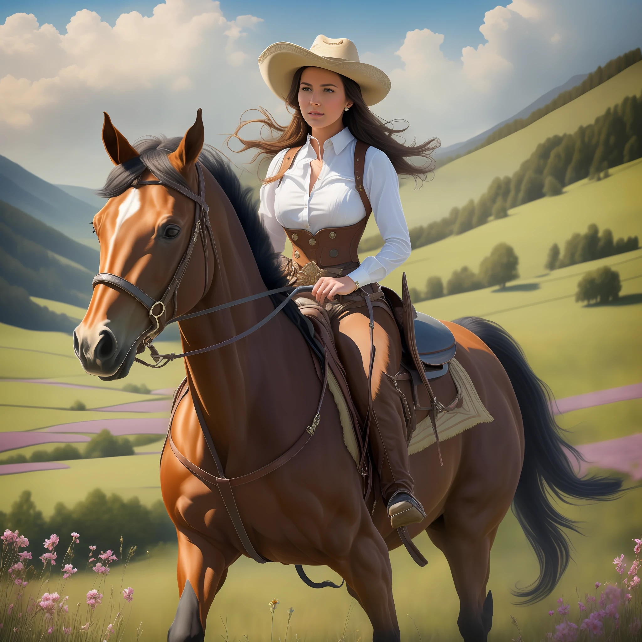 "An exquisitely detailed and hyper-realistic representation of a magnificent cowgirl gracefully riding a beautiful horse amidst a picturesque meadow adorned with vibrant and blooming flowers."