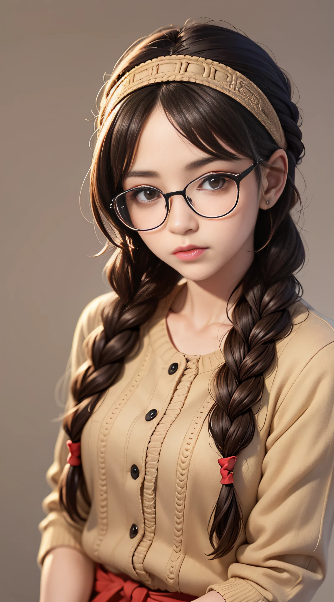 1girl,braid,glasses,headband,solo,twin braids,black hair,brown eyes,brown hair,long hair,looking at viewer,lips