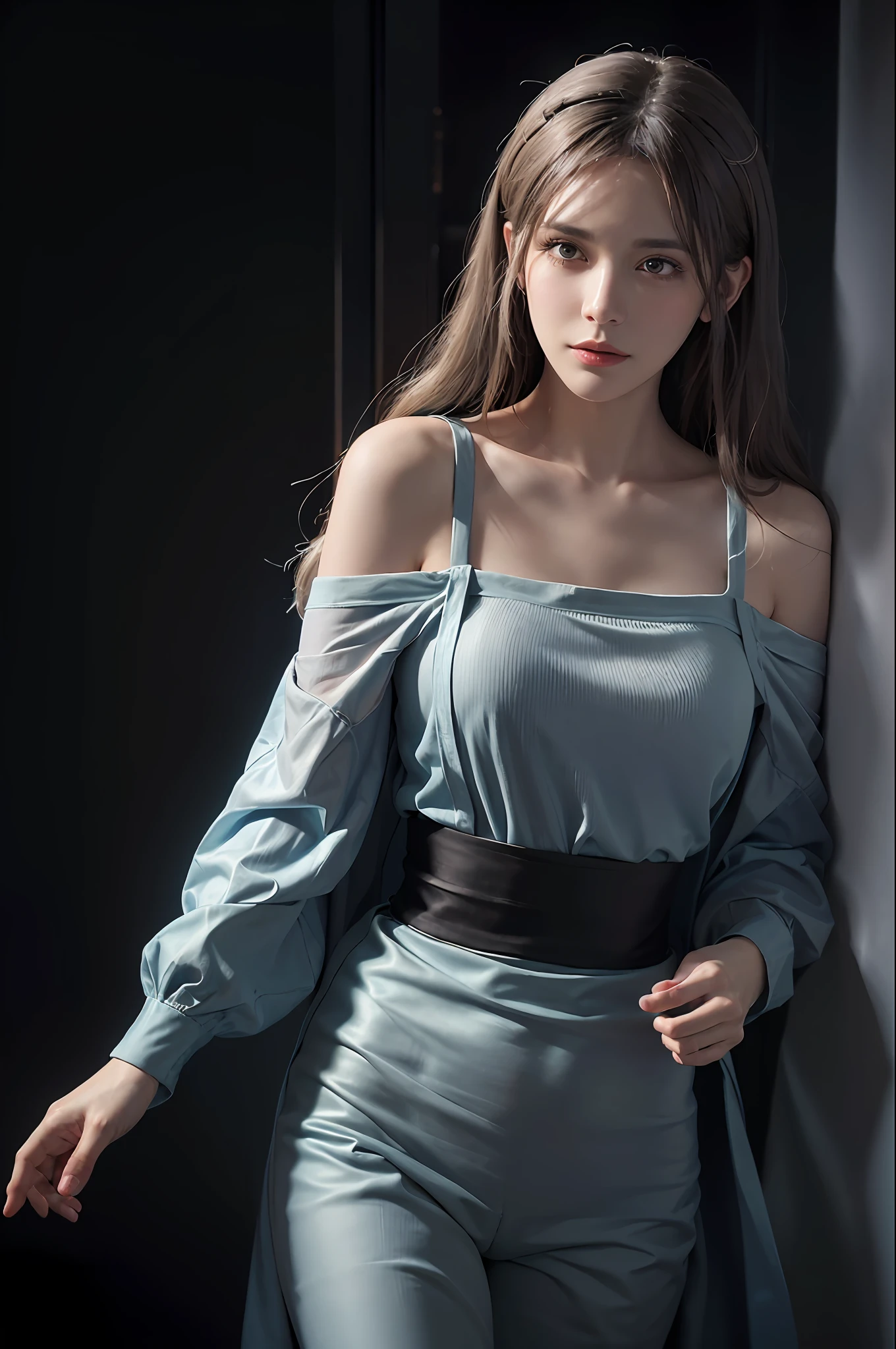 Hyperrealist portrait of female by david hockney and alphonse mucha,fantasy art, photo realistic, dynamic lighting, artstation, poster, volumetric lighting, very detailed faces, 4 k, award winning,, 1girl, in the dark, deep shadow, low key,cowboy shot,(official clothing:1.4) ,long hair,white hair,