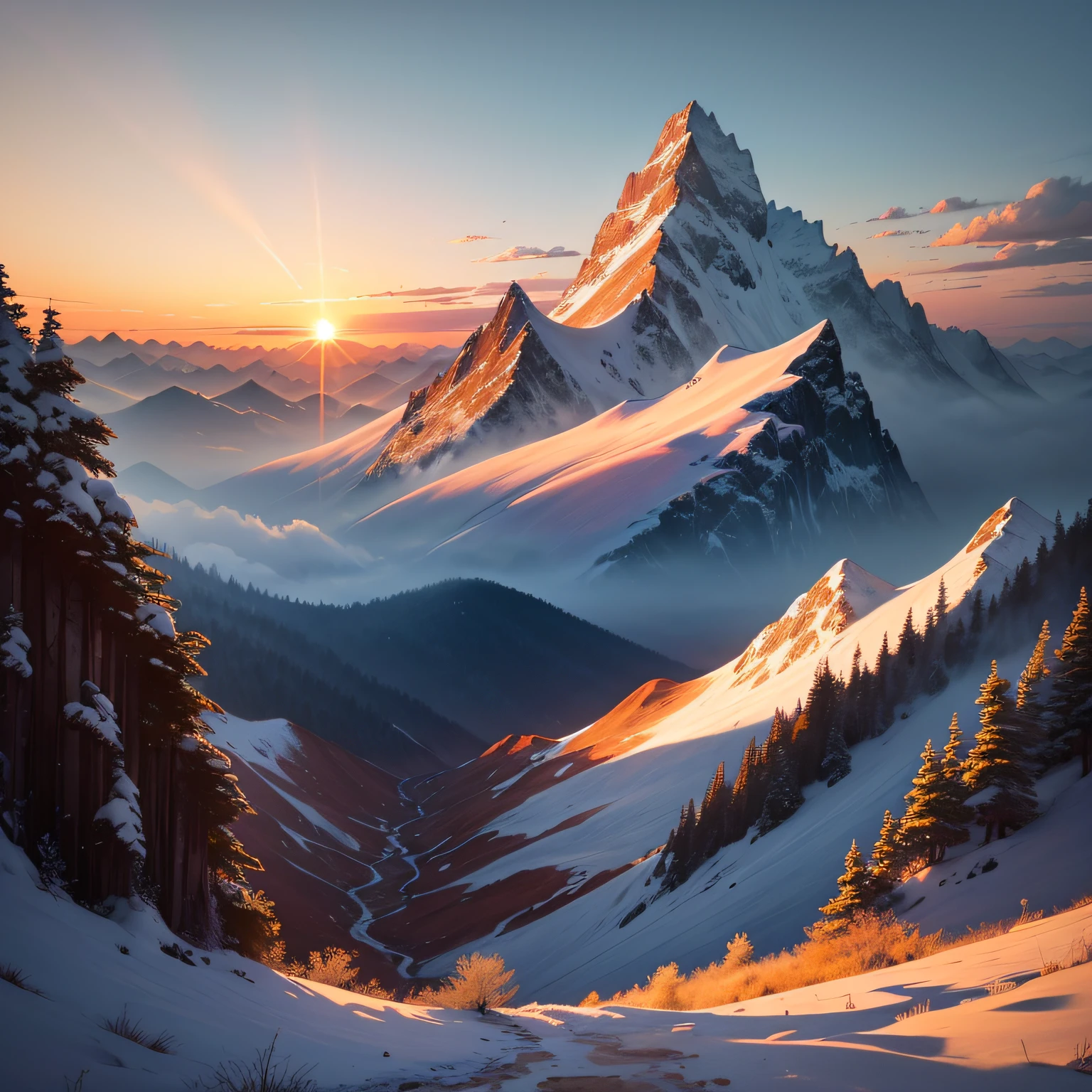 In this watercolor painting of a sunset over a Chinese mountain range，The artist captured a breathtaking view。The mountains are high and rugged，Covered with dense green vegetation，Dotted with trees。When the sun starts to set，Its golden glow illuminates the entire landscape，Brings a warm glow to everything。

The sky is a vibrant canvas of colors，Transition from orange and pink near the horizon to dark blue at the top。Thin clouds gently drift across the sky，Creates an atmosphere of tranquility and tranquility。

No primeiro plano，There is a sea of tranquil clouds，Extend to the end of the field of view。The clouds look soft and fluffy，Creates a fantastic atmosphere。The colorful sky is reflected on the calm water，Adds to the beauty of the whole scene。

The artist uses watercolor techniques，Gives the painting a transparent and delicate texture，Enhances the extraordinary charm of mountain sunsets。Attention to detail and skillful brushstrokes bring the paintings to life，Let the viewer immerse themselves in the beauty of the sunset over the Chinese mountains。 --auto