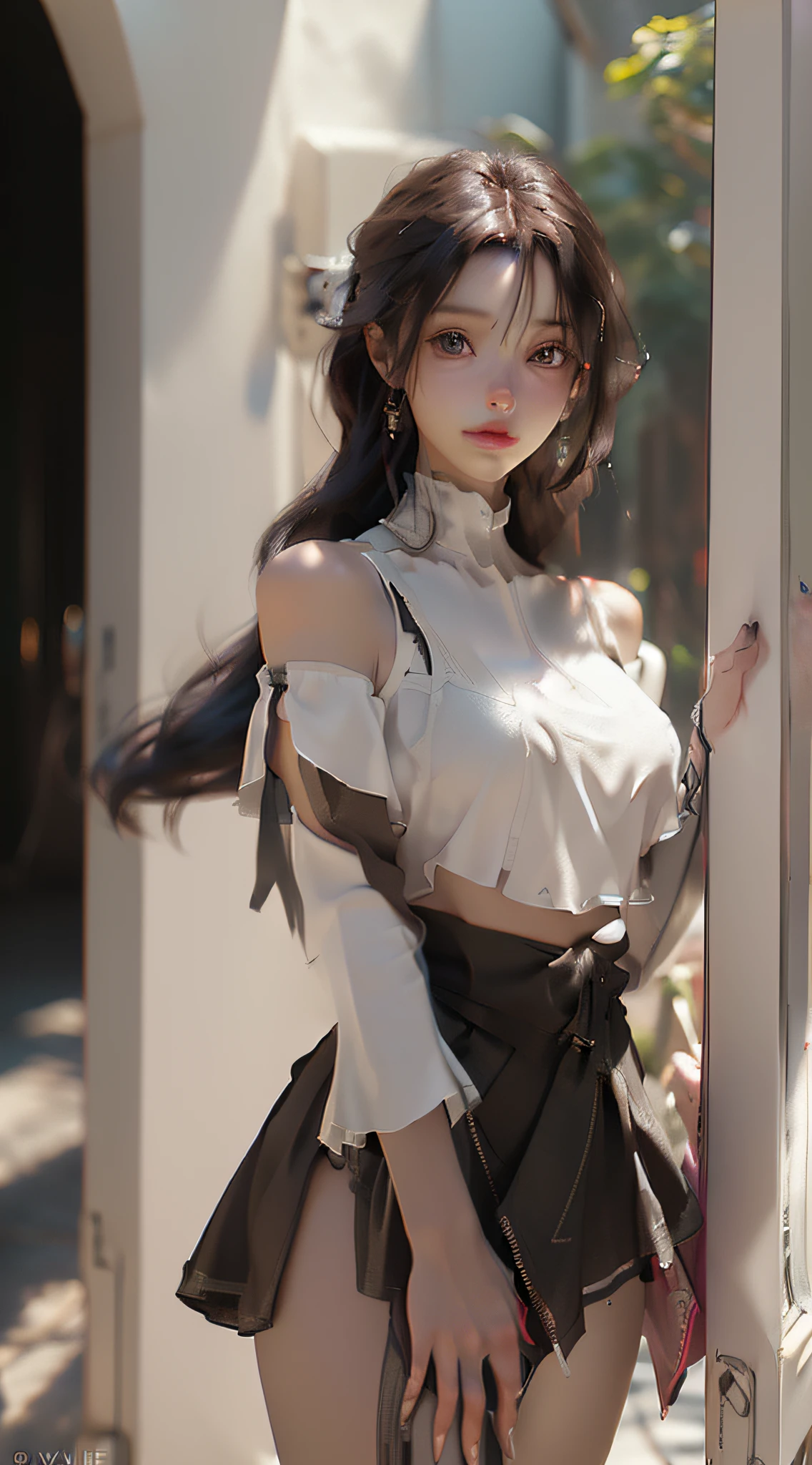 (Best Quality), ((Masterpiece), (Detail: 1.4), 3D, A Beautiful Cyberpunk Woman, HDR (High Dynamic Range), Ray Tracing, NVIDIA RTX, Super-Resolution, Unreal 5, Subsurface Scattering, PBR Textures, Post-Processing, Anisotropic Filtering, Depth of Field, Maximum Sharpness and Clarity, Multi-layer Textures, Albedo and Highlight Maps, Surface Shading, Precise simulation of light-material interactions, perfect proportions, Octane Render, two-color light, large aperture, low ISO, white balance, rule of thirds, 8K RAW, nudity, off-the-shoulder, camisole vest, miniskirt, transparent