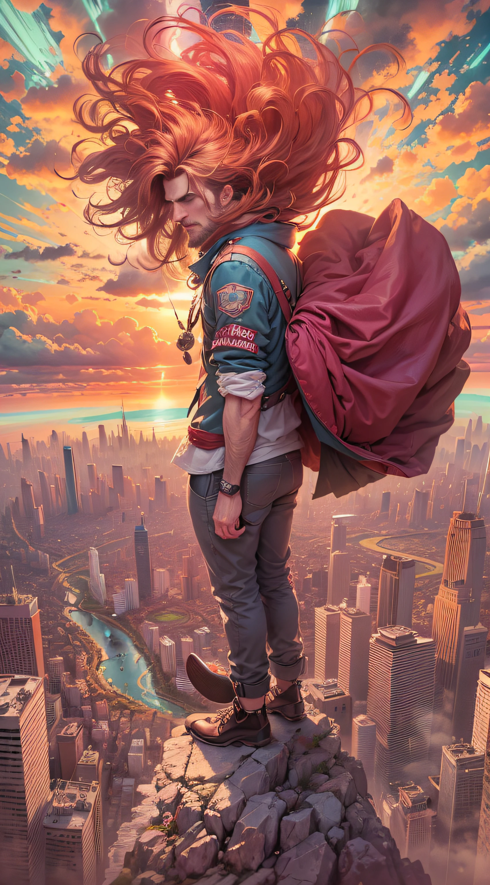 um homem de cabelos enorme, cabelo gigante ruivo, cabelo gigante cabelos enormes, Flying over the sky, no fundo temos uma cidade vista do alto, The city is on fire, Home is wearing a look inspired by the Mad Hatter character, He's seeing the city from heaven