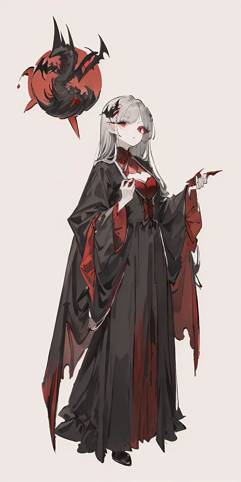 ((masterpiece))、((top-quality))、((Official art))、8K、very detailed illustration、One girl、Gray hair、Long straight hair、Detailed eye、(White background)、Simple background、The dim、(Red and Black Gothic Dress 1.2)、((Dracula's daughter))、((deadpan))、Fair skin、(Clear 1.5)、Meek、Clothing、Bewitching、(Professional Model Pose)
