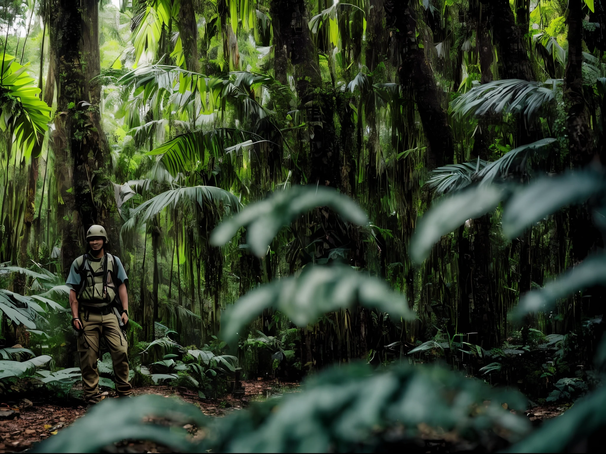 A beautiful close-up((adventurer)),jungles,oases,giant and wet trees