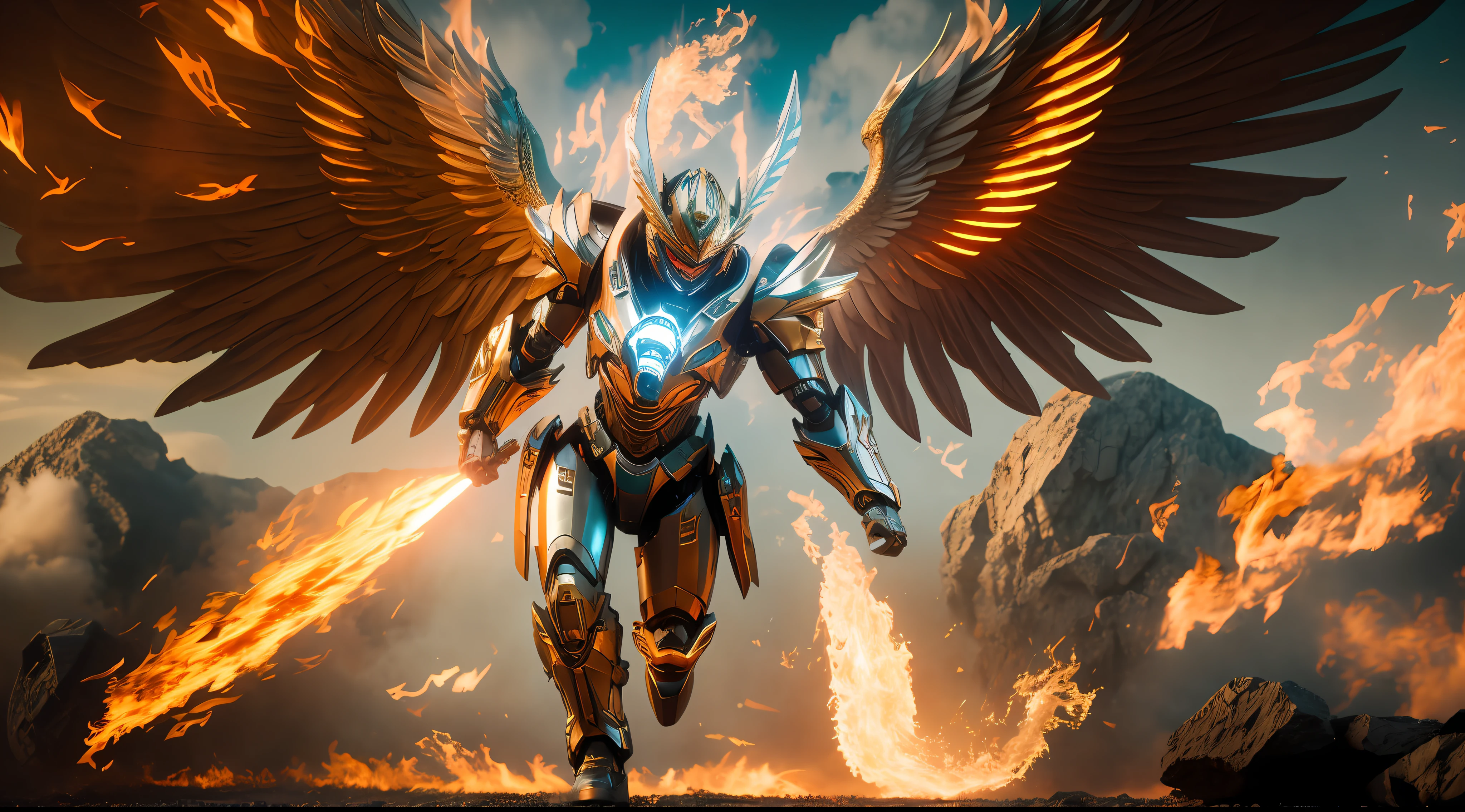 A mythical majestic grand robotic angel descending from a fiery heaven, detailed, Fujifilm, 32k, Imax, color graded, cinematic, motion blur, low contrast, particle effects