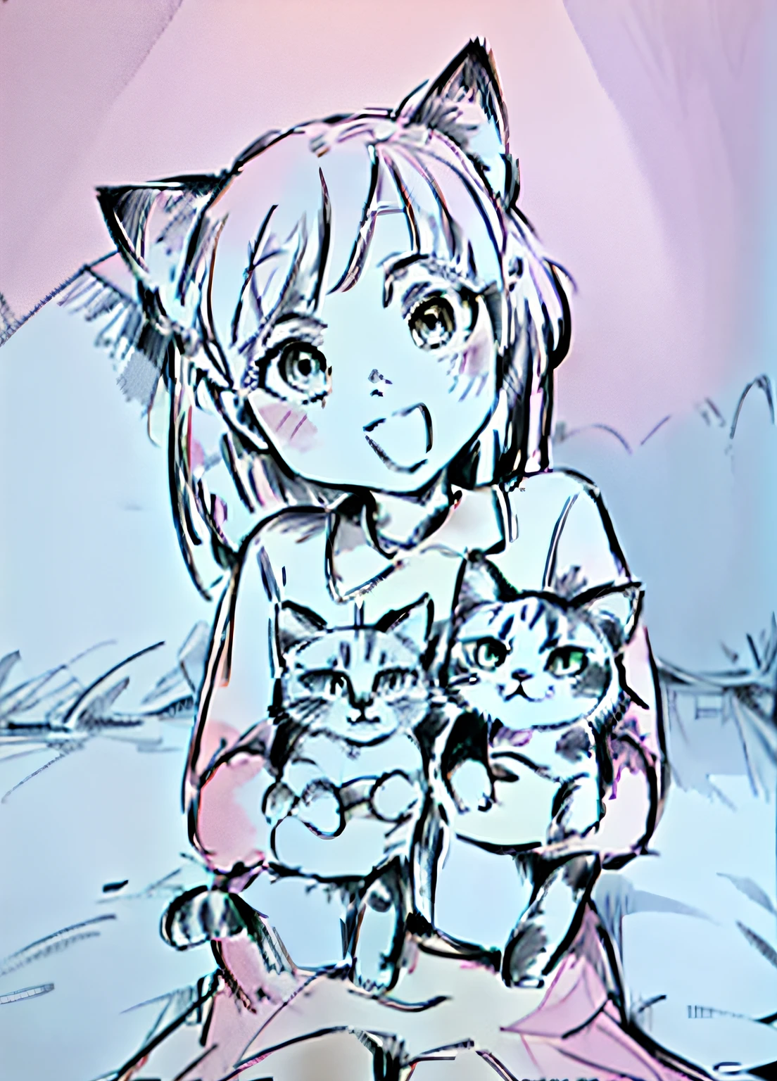 Drawing of two cats and a girl holding a cat, with cats on her side, anime catgirl, cute anime catgirl, in manga style, In anime style, In an anime style, anime cat, Cute cartoon style, line-drawing!!, there is a cat next to her, Cat Girl, linear art, catgirl, line-drawing!!