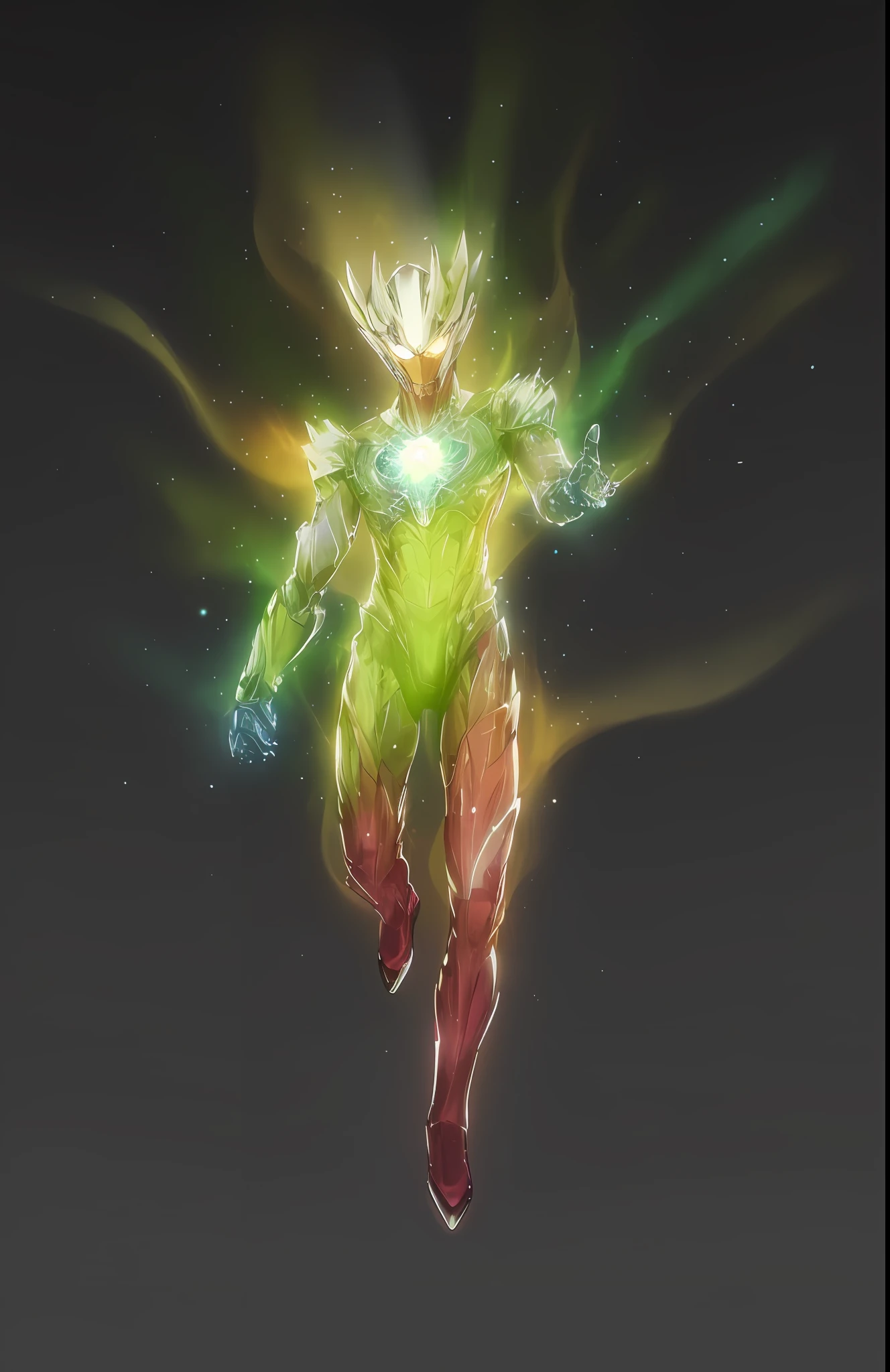 An Ultraman in a green suit，The body and arms glow, an epic anime of a energy man, white glowing aura, Elemental Guardians of Life, aura of power. Detailed, unreal engine render saint seiya, Glowing aura, A huge cosmic aura, glowing electric aura, yoshitaka amano octane render, A shining aura of darkness, Liquid luminescent aura
