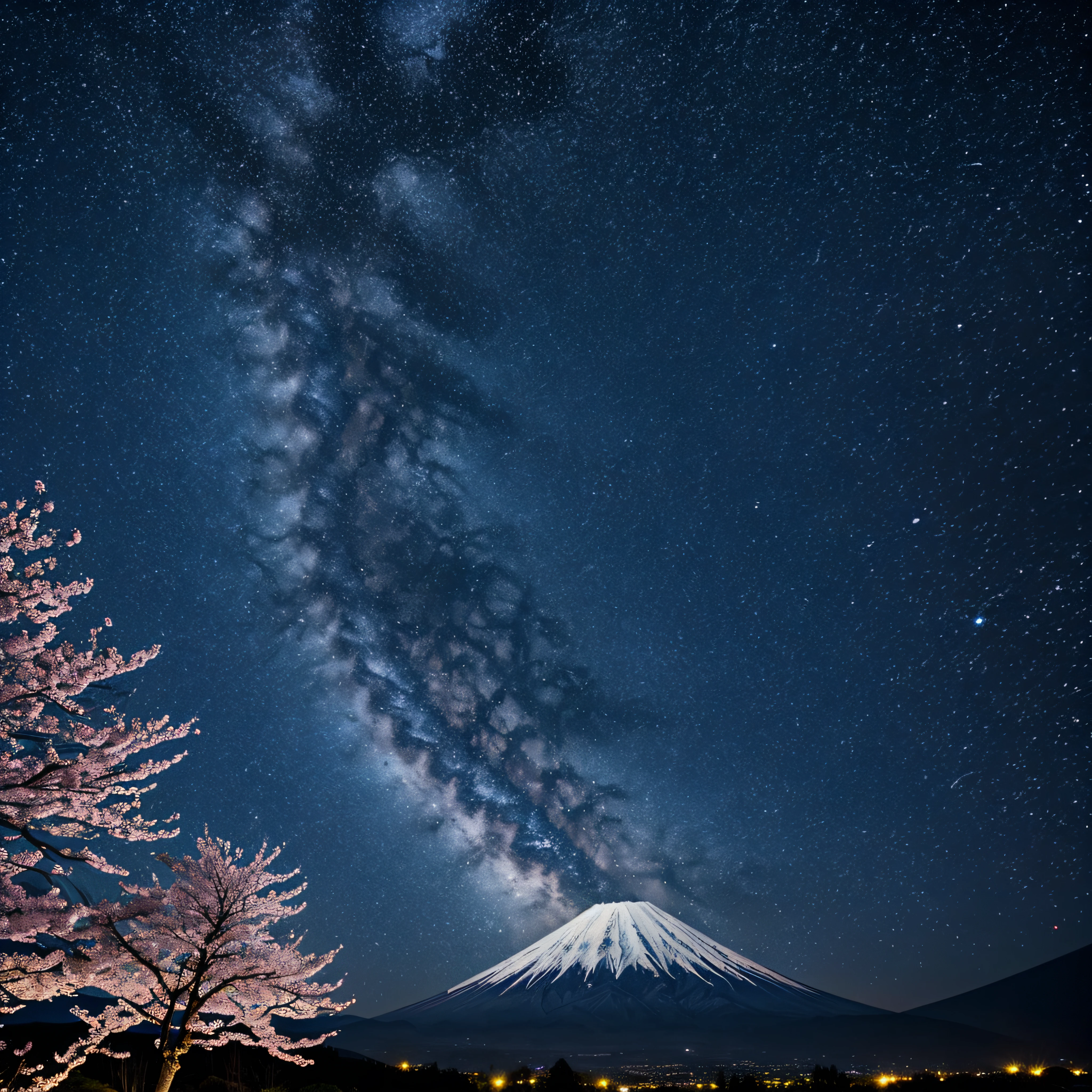 sakura trees of mount fuji, (( night sky, starry sky))