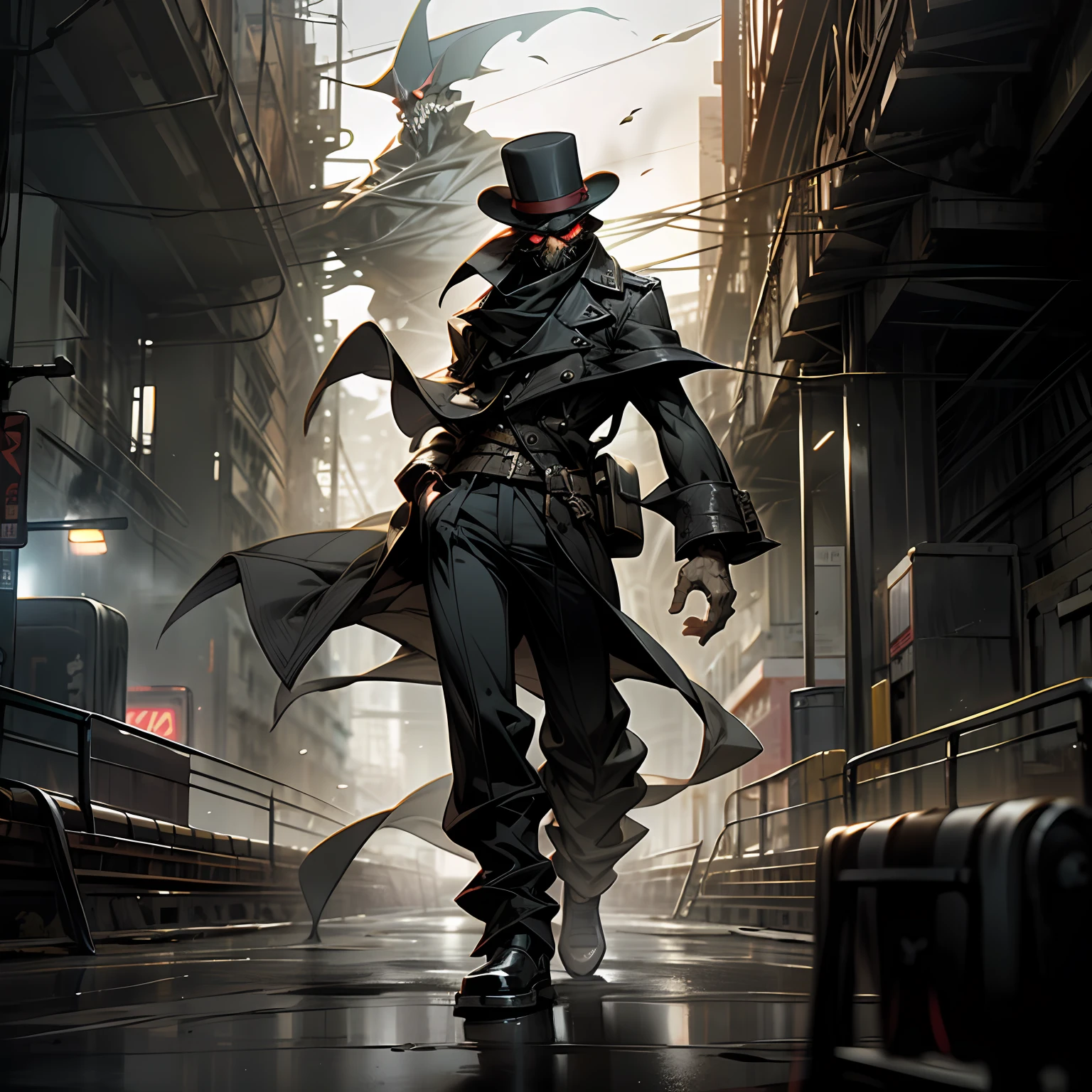A haunting image of a shadowy, faceless figure with a bowler hat and an eerie, ominous expression, casting shadow across the bustling streets of a gritty city. The shadowy figure looms over grindhouse and punk bands, casting eerie shadows on the concrete and the surrounding environment. The cityscape below, silhouetted against the moonlight, adds a sense of depth and dimension. The aperture is shallow, focusing on the face and emphasizing the darkness. fast shutter speed, low light, telephoto lens --auto