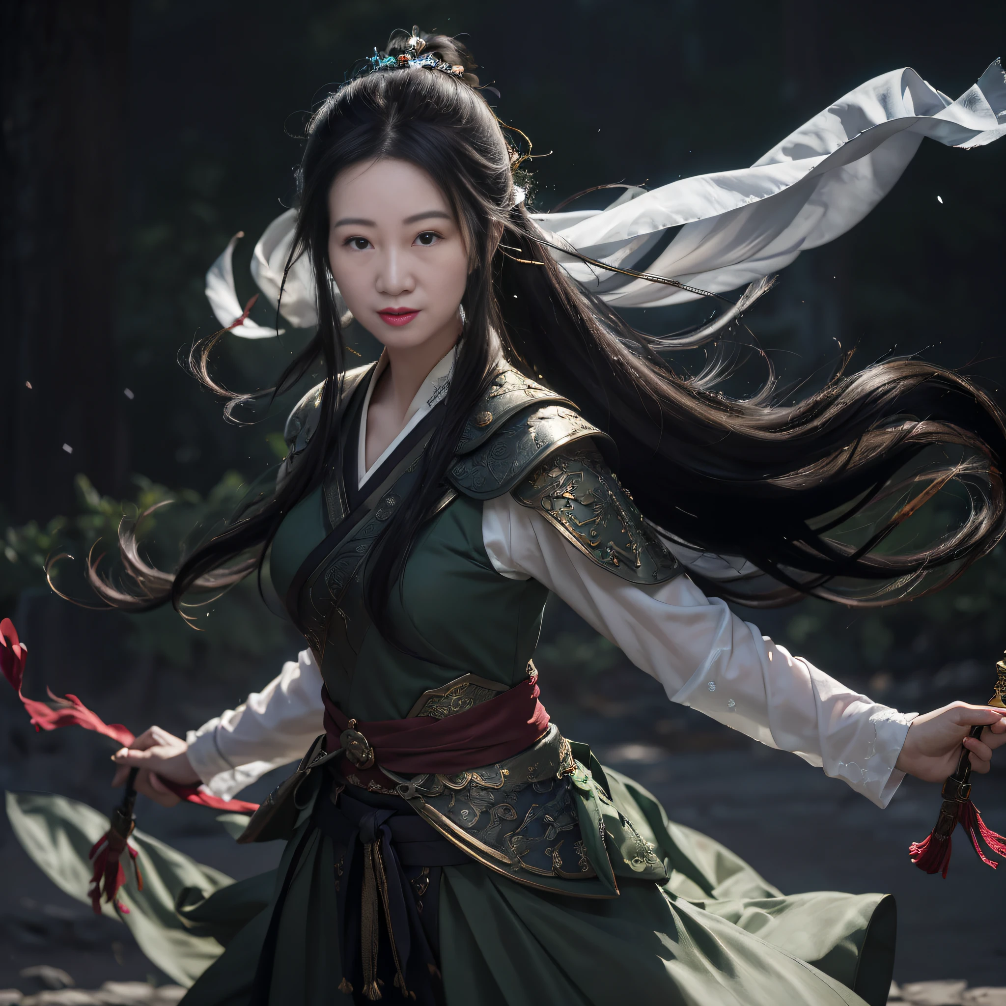 Araki woman in green dress holding a red ribbon, full-body wuxia, inspired by Chen Yifei, fantasy character photo, Cinematic. author：leng jun, Palace ， A girl in Hanfu, inspired by Du Qiong, Wuxia, chengwei pan on artstation, flowing hair and long robes, portrait shooting, xianxia hero