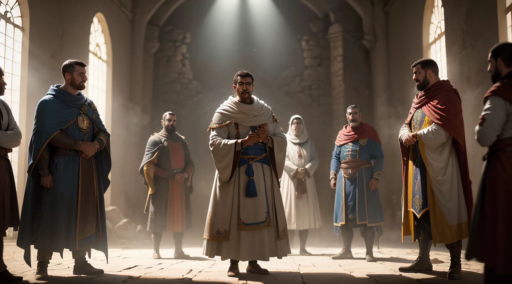 isaias usando capa, standingn, Far away is a round table with men drinking and laughing, robes and arms of cloak raised on a broken earth, castelo, muralhas, reinado, luz de lava brilhante de baixo do campo de asteroides (rochas irregulares, pedregulhos e detritos disparando para o ar:1.3) (tempestade de detritos de poeira ventosa:1.1) Volumetric mist mist ray tracing z pass bright light from below, (obra-prima) (melhor qualidade) (detalhado) (8k) (cinematic lighthing) (foco nítido) (intrincado) --auto