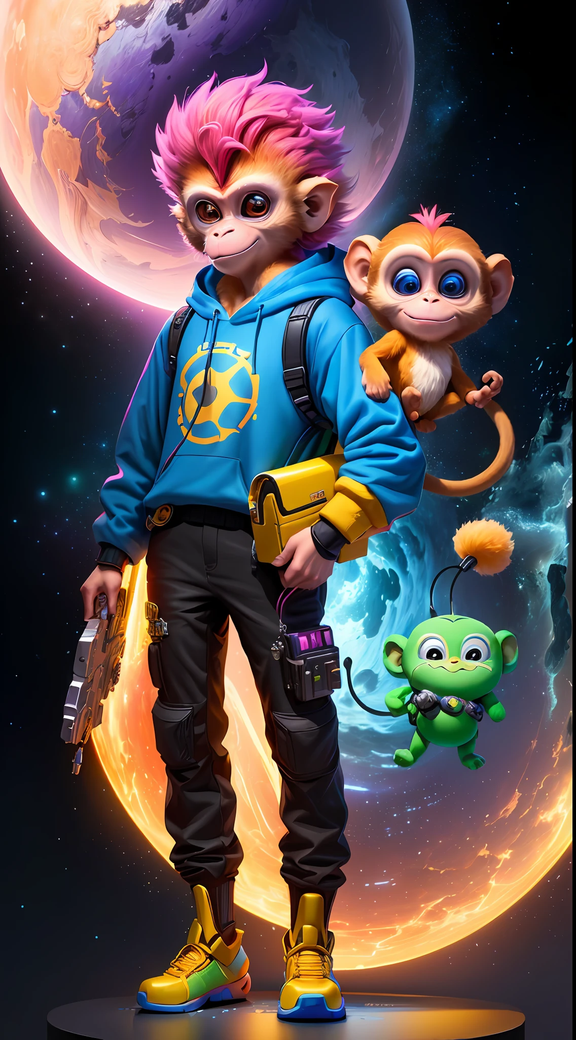 A little monkey, magical, Anthropomorphic, Wear a futuristic machine，Carry mechanical weapons, The background is a colorful universe. pixar animation, Funky blind box, OC Render, Ray traching, High quality, High detail, high resolution, 8K, bust size